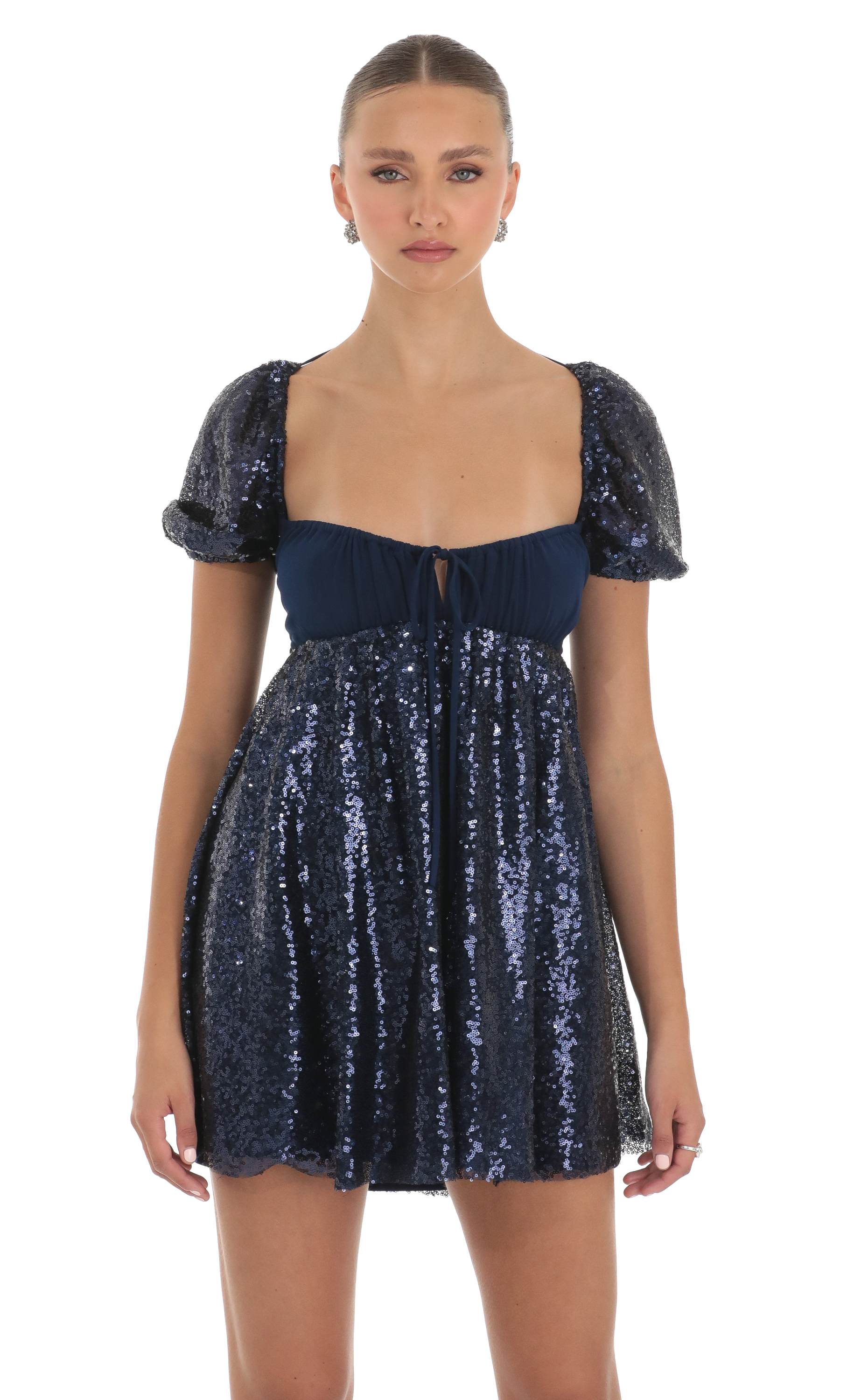 Sequin Puff Sleeve Baby Doll Dress in Navy-My Sky Diva