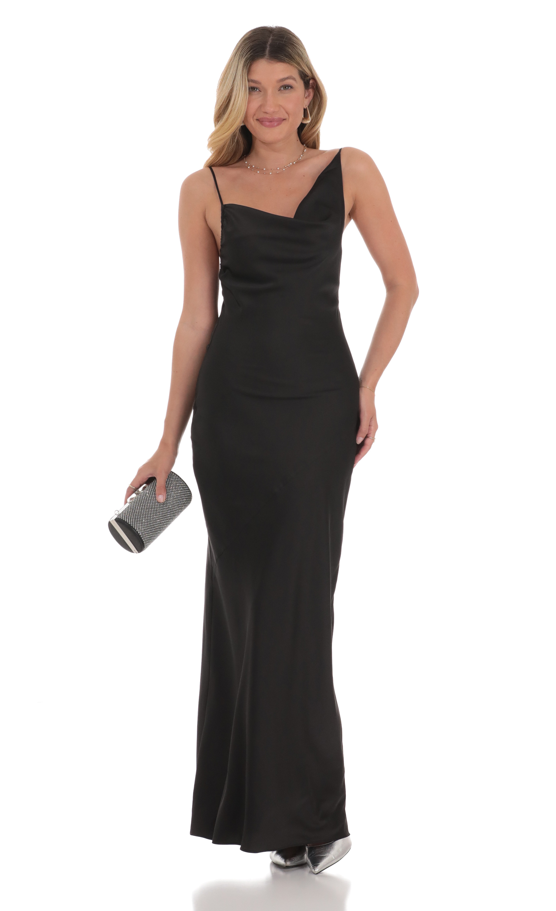Satin Asymmetrical Cowl Neck Maxi Dress in Black-My Sky Diva