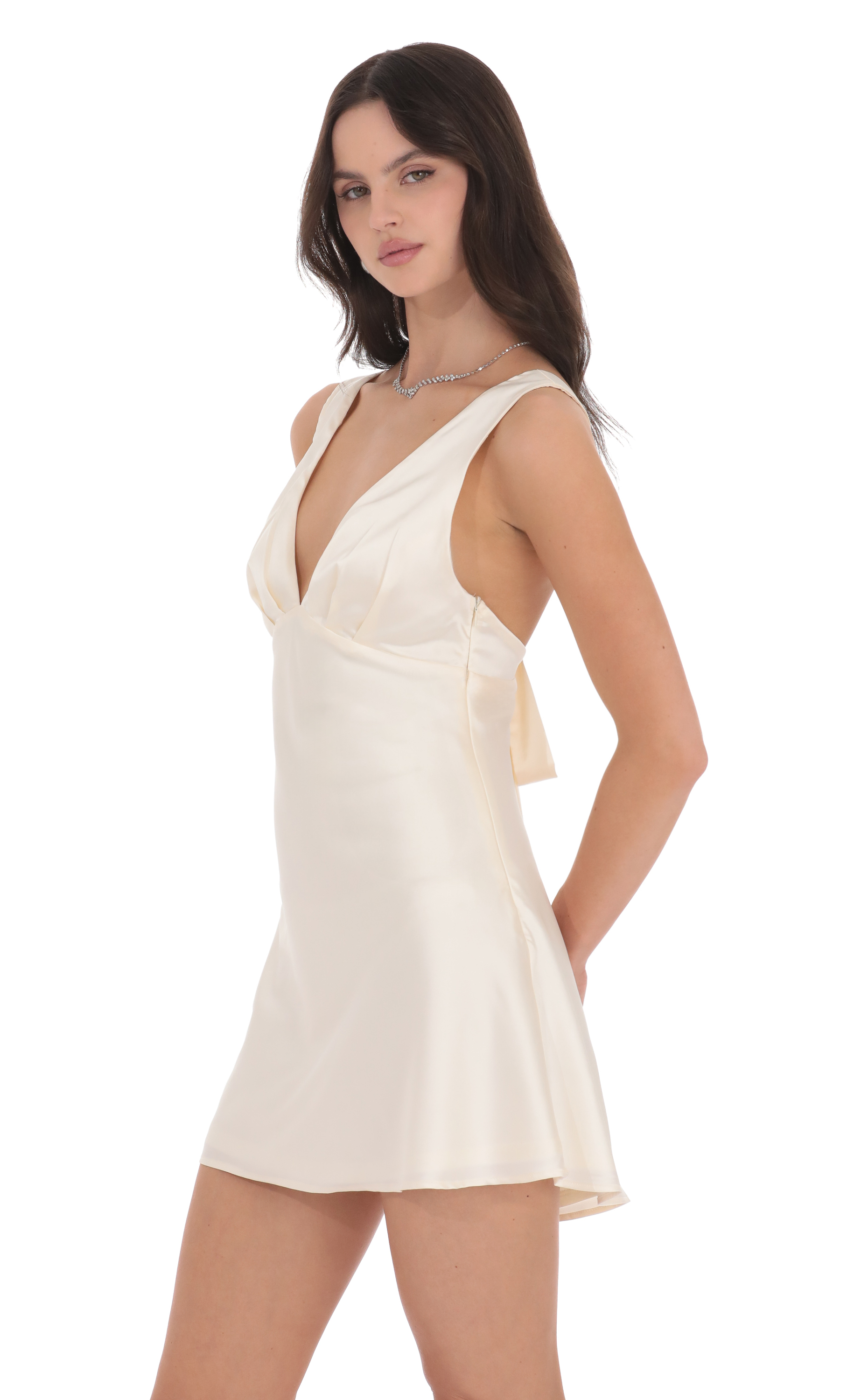 Satin V-Neck Open back Dress in Cream-My Sky Diva