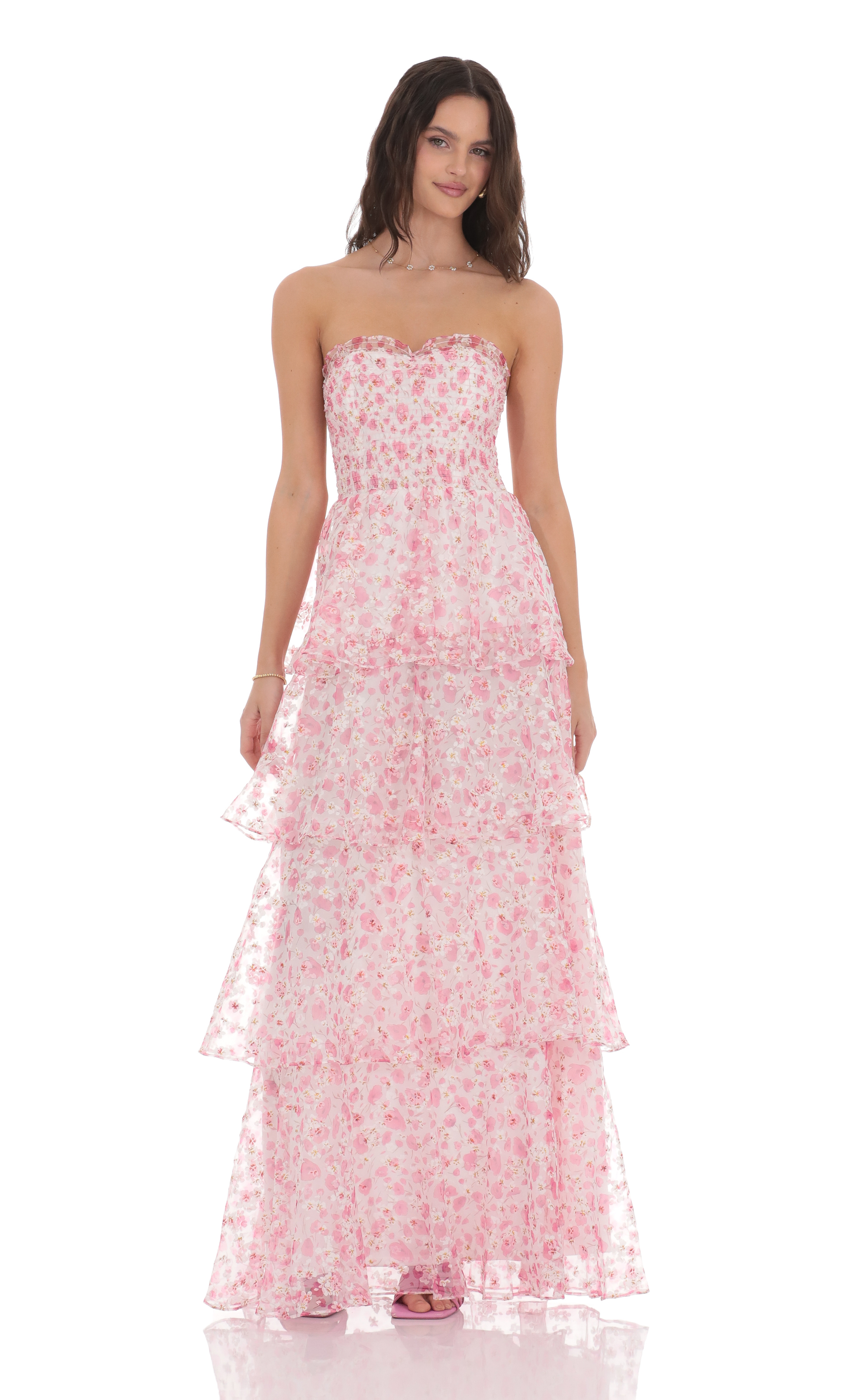 Smocked Floral Ruffle Maxi Dress in Pink-My Sky Diva