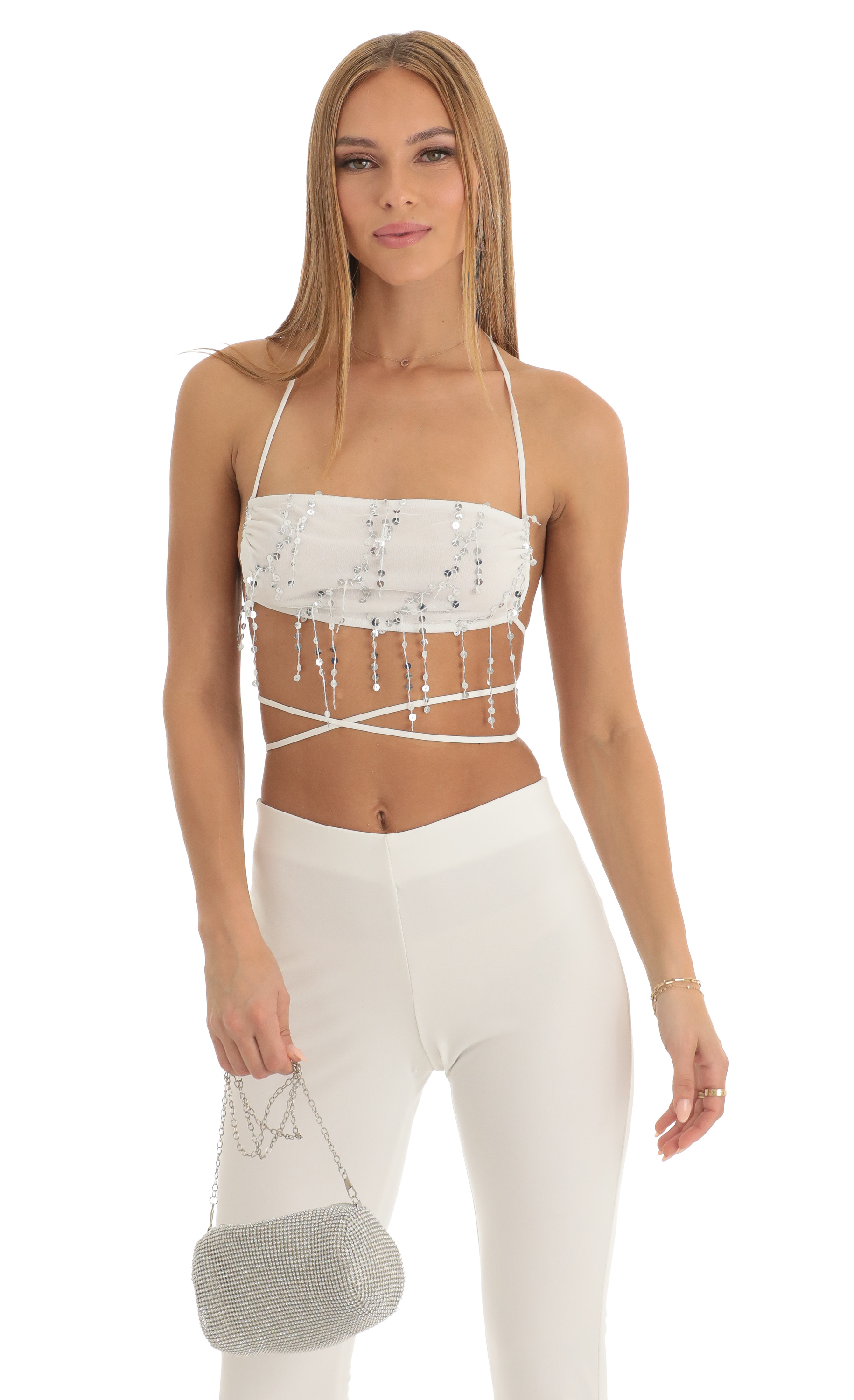 Sequin Two Piece Pant Set in White-My Sky Diva