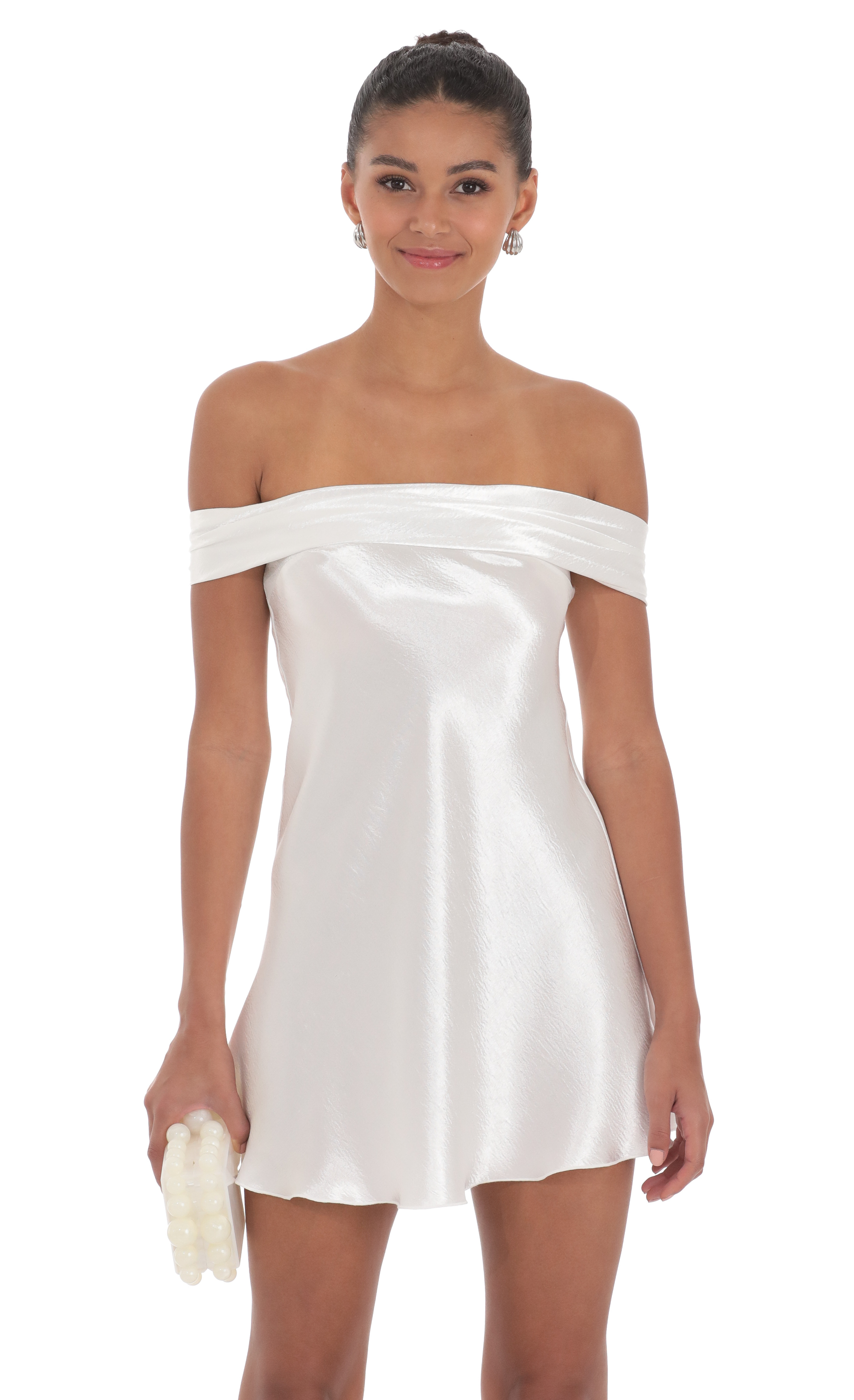 Satin Off Shoulder Dress in White-My Sky Diva