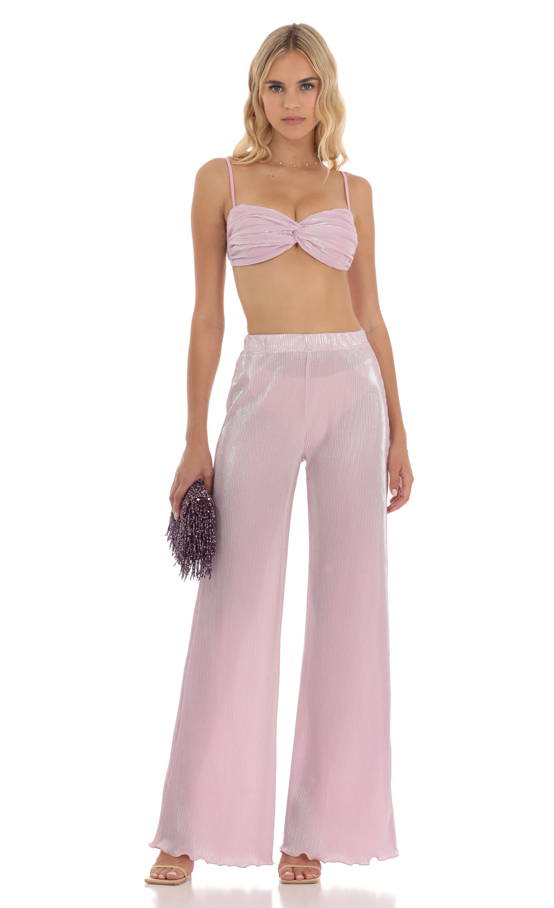 Pleated Shimmer Two Piece Set in Pink-My Sky Diva
