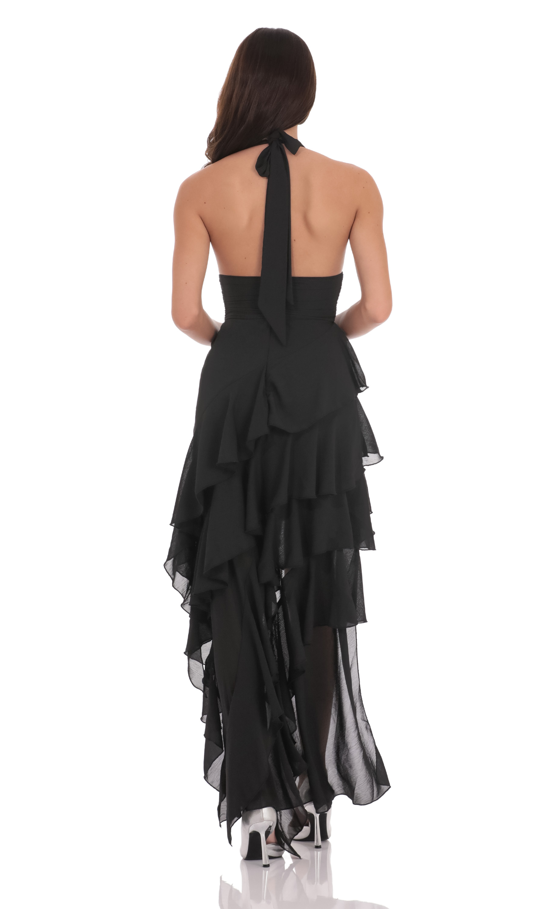 Asymmetrical Ruffle Maxi Dress in Black-My Sky Diva