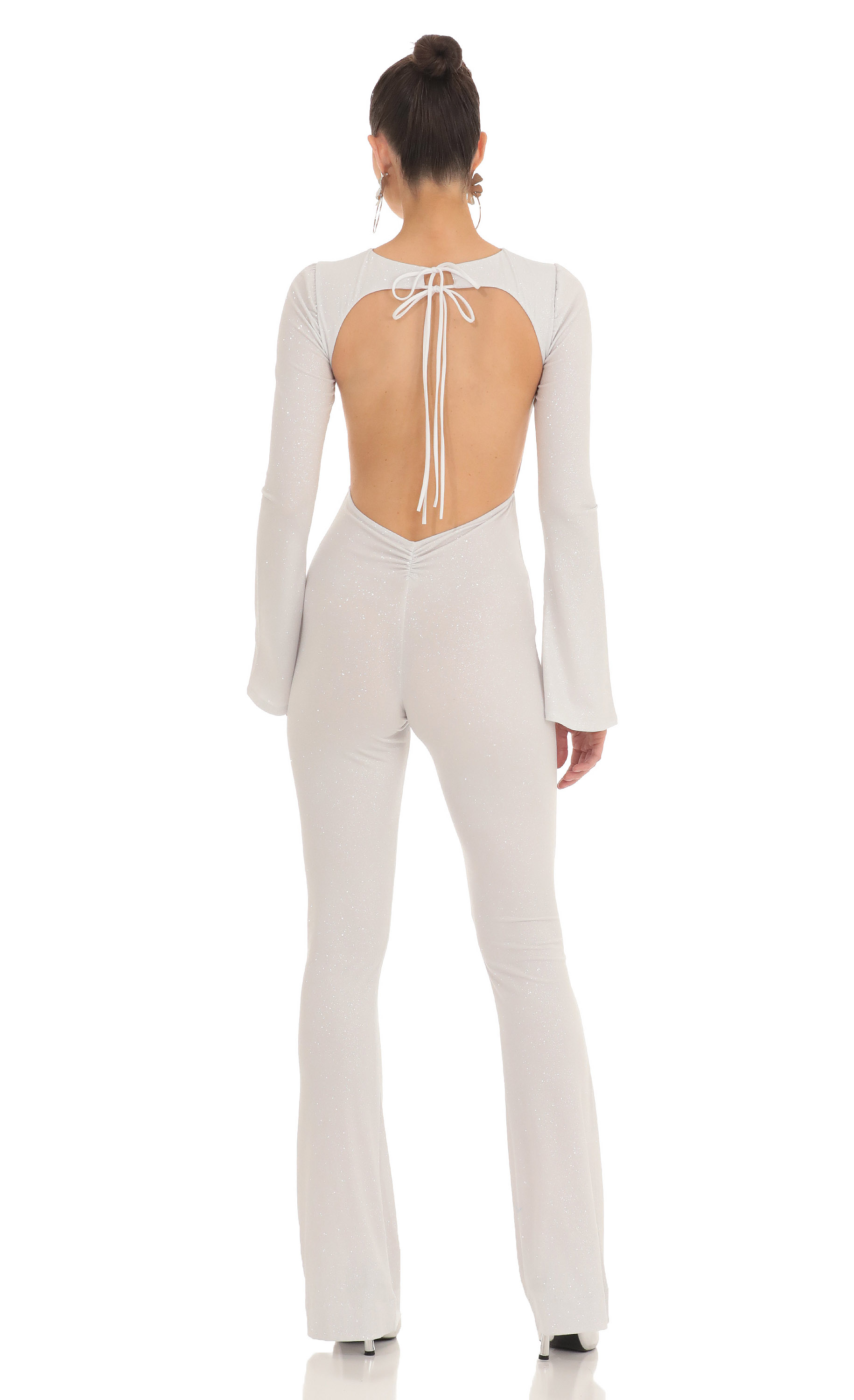 Silver Shimmer Open Back Jumpsuit in White-My Sky Diva
