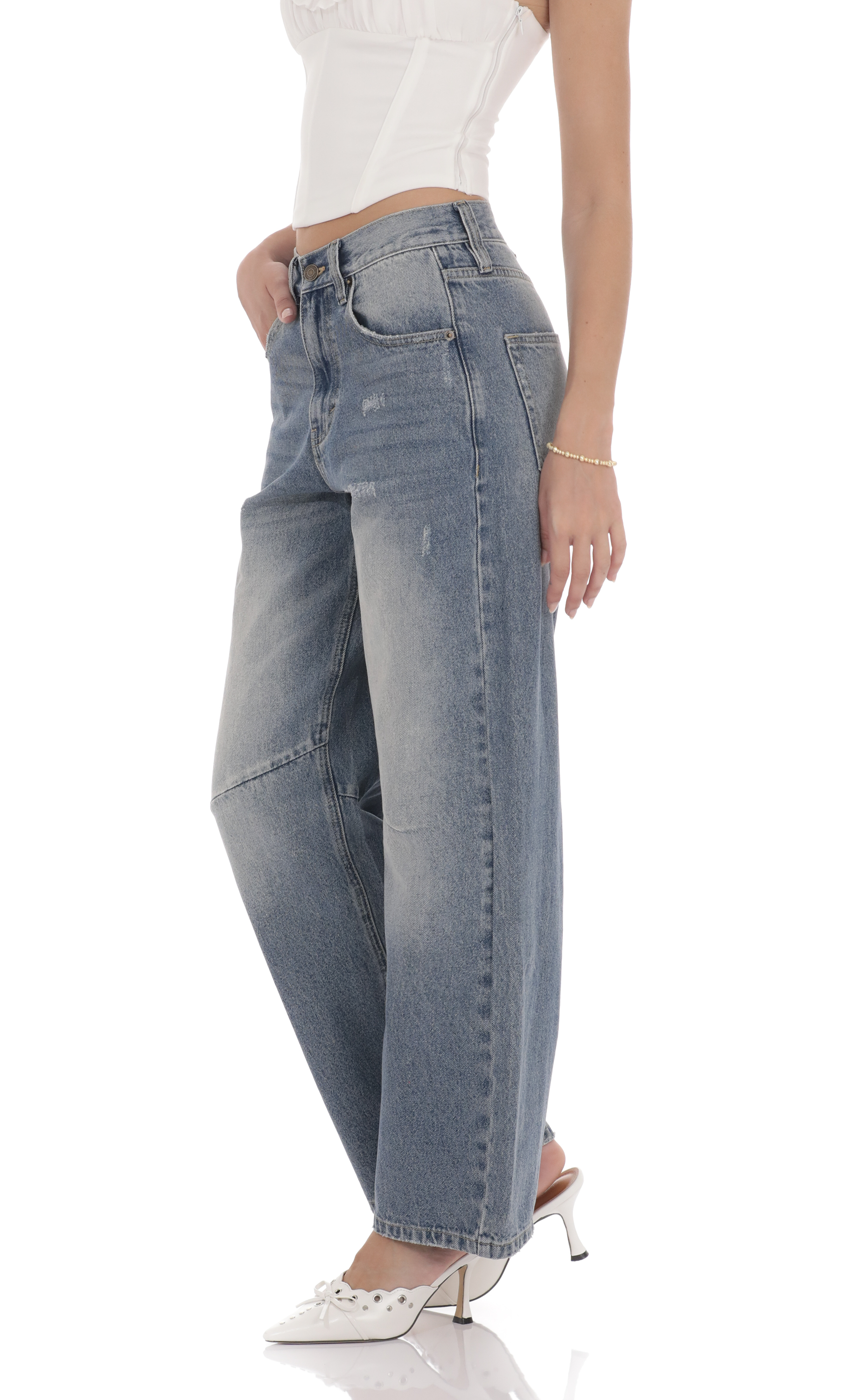 Distress Barrel Jeans in Faded Denim-My Sky Diva