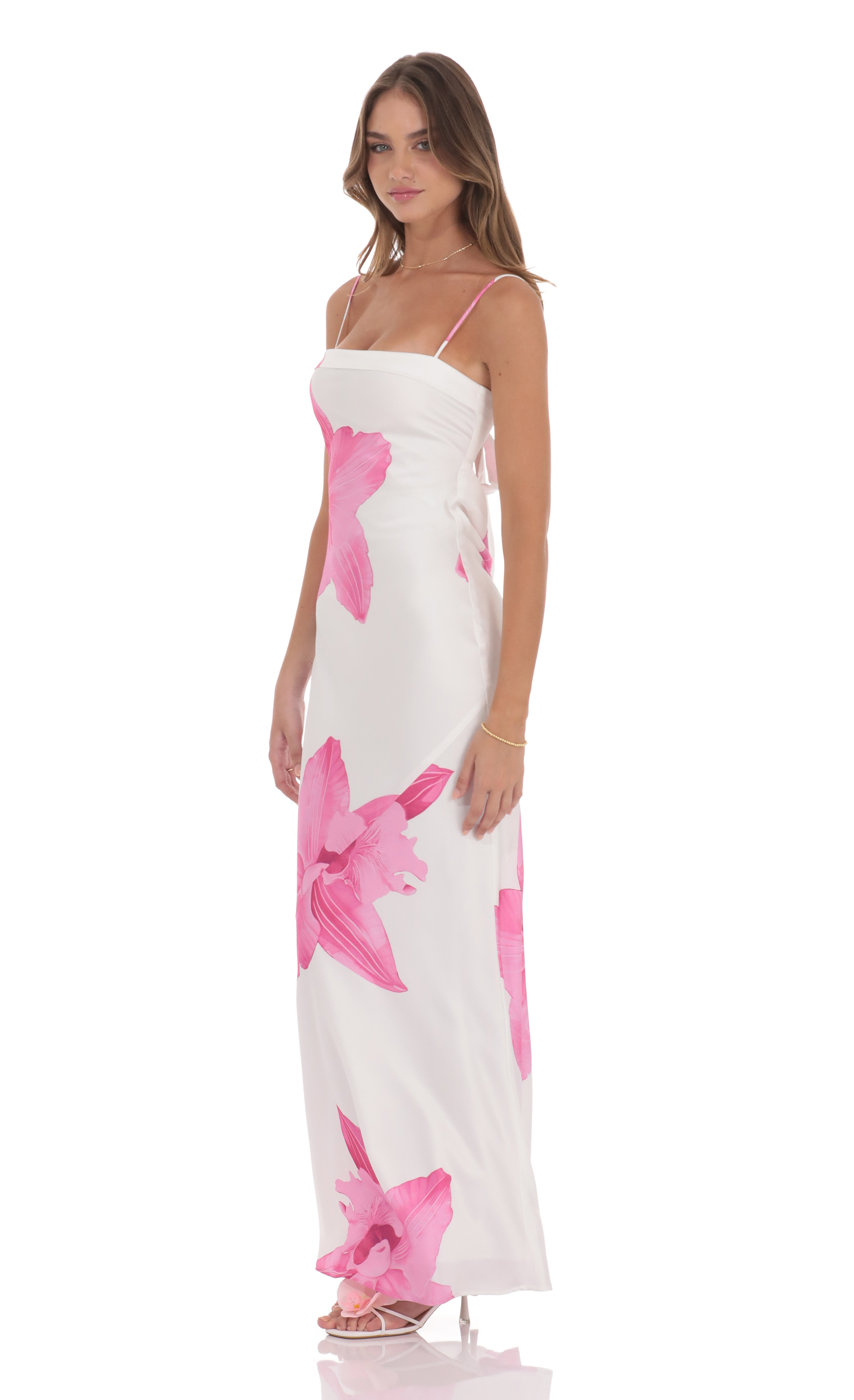 Satin Floral Open Back Maxi Dress in White-My Sky Diva