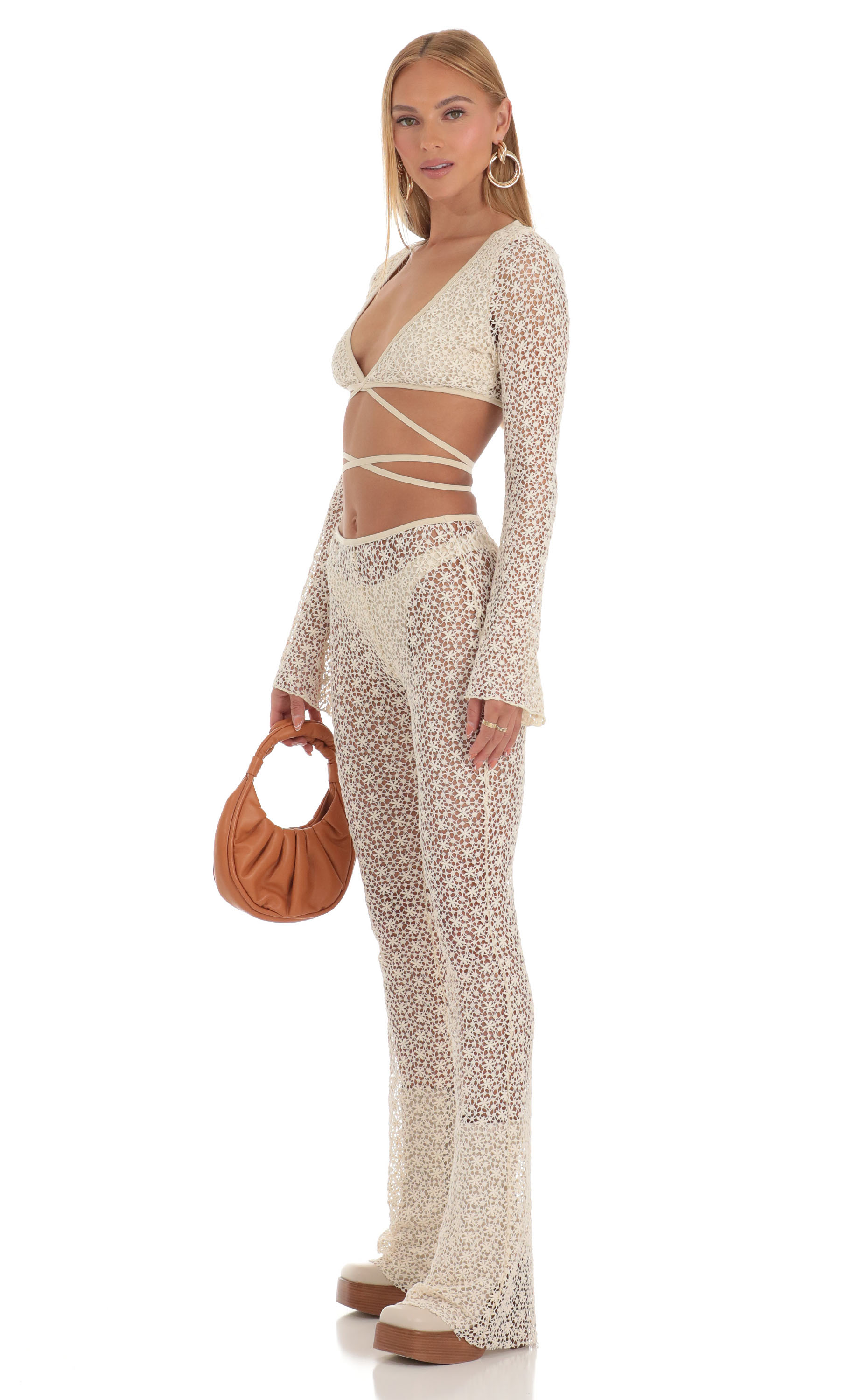 Embroidered Three Piece Pants Set in Ivory-My Sky Diva