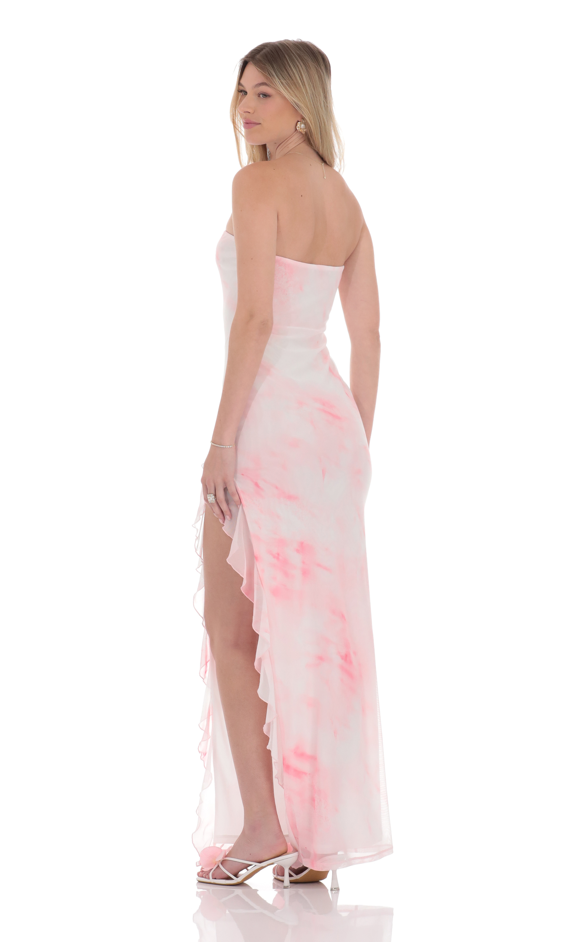 Tie Dye Mesh Ruffle Slit Maxi Dress in White-My Sky Diva