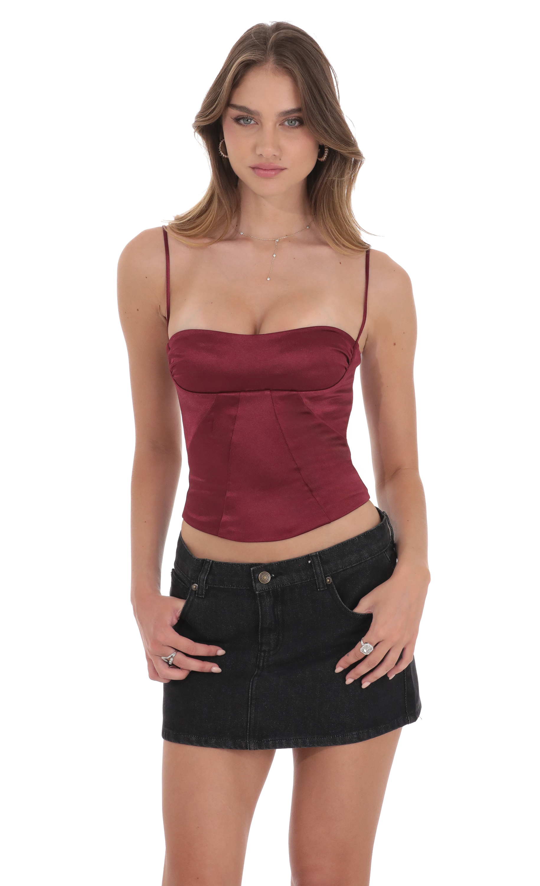 Satin Lace-Up Top in Burgundy-My Sky Diva