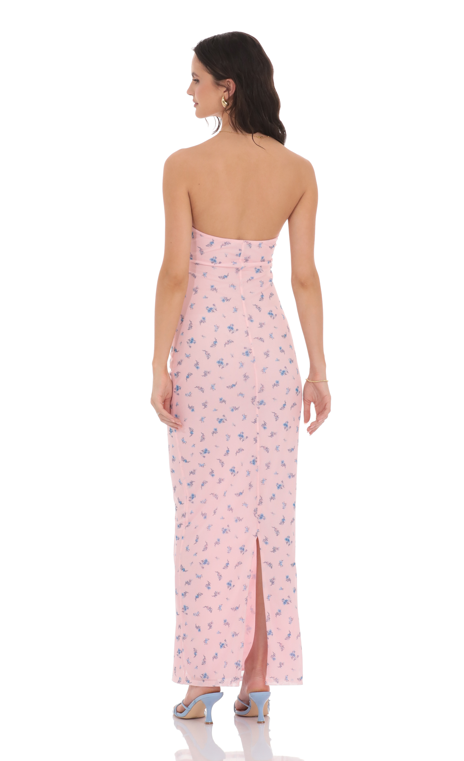 Mesh Floral Strapless Cutout Maxi Dress in Pink-My Sky Diva