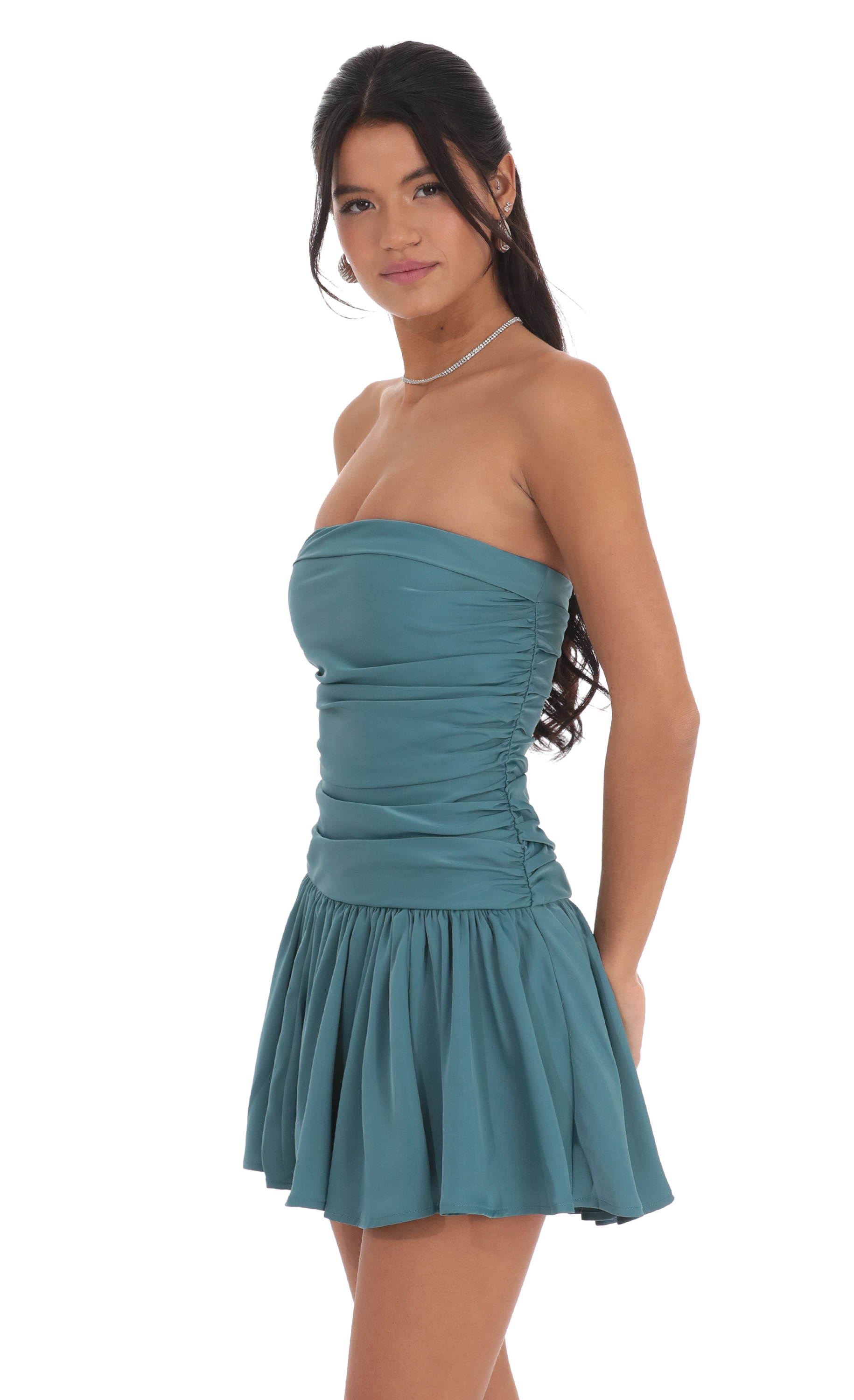 Strapless Ruched Flare Dress in Blue Teal-My Sky Diva