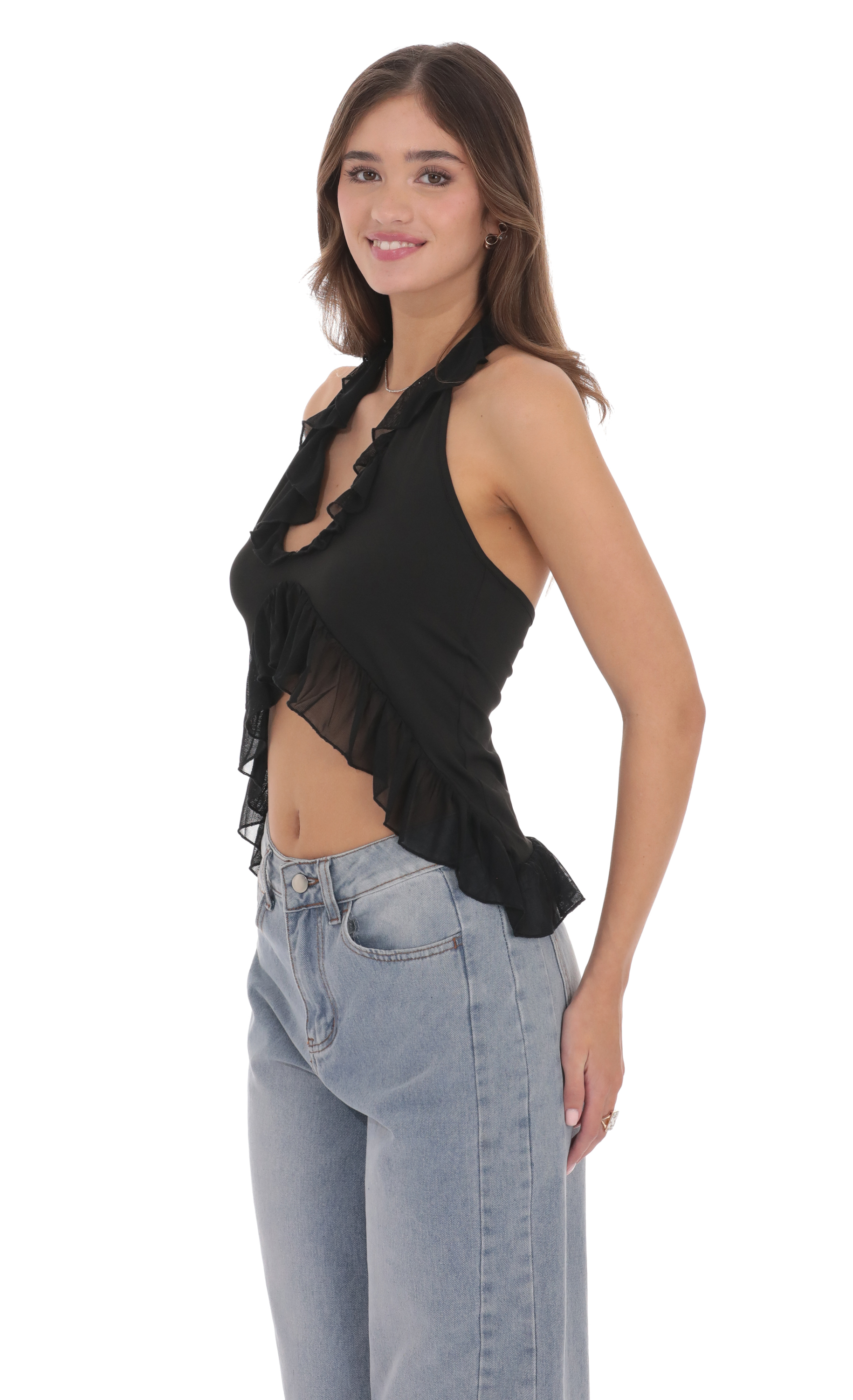 Ruffle Flyaway Top in Black-My Sky Diva