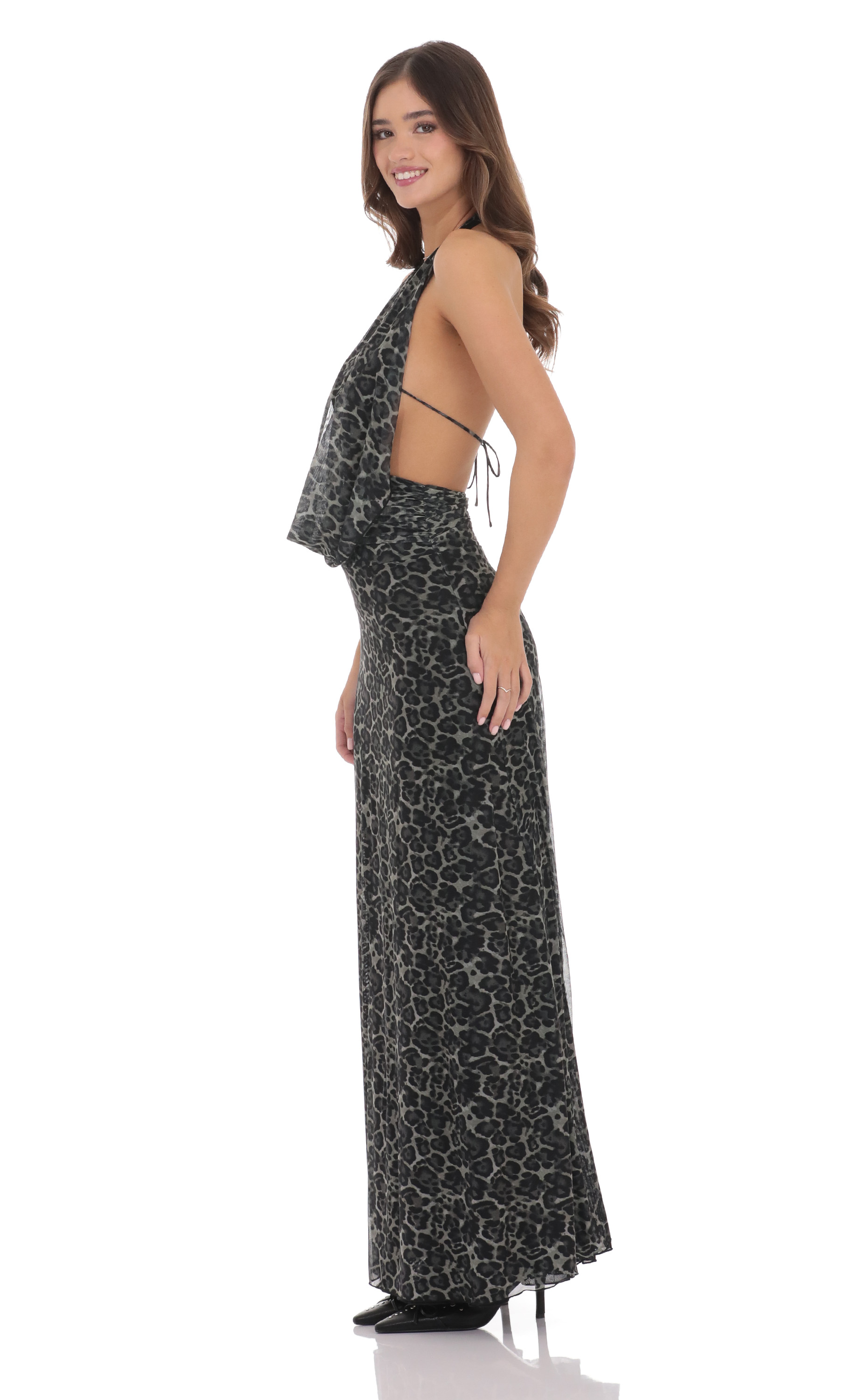 Plunge Cowl Neck Maxi Dress in Cheetah Print-My Sky Diva