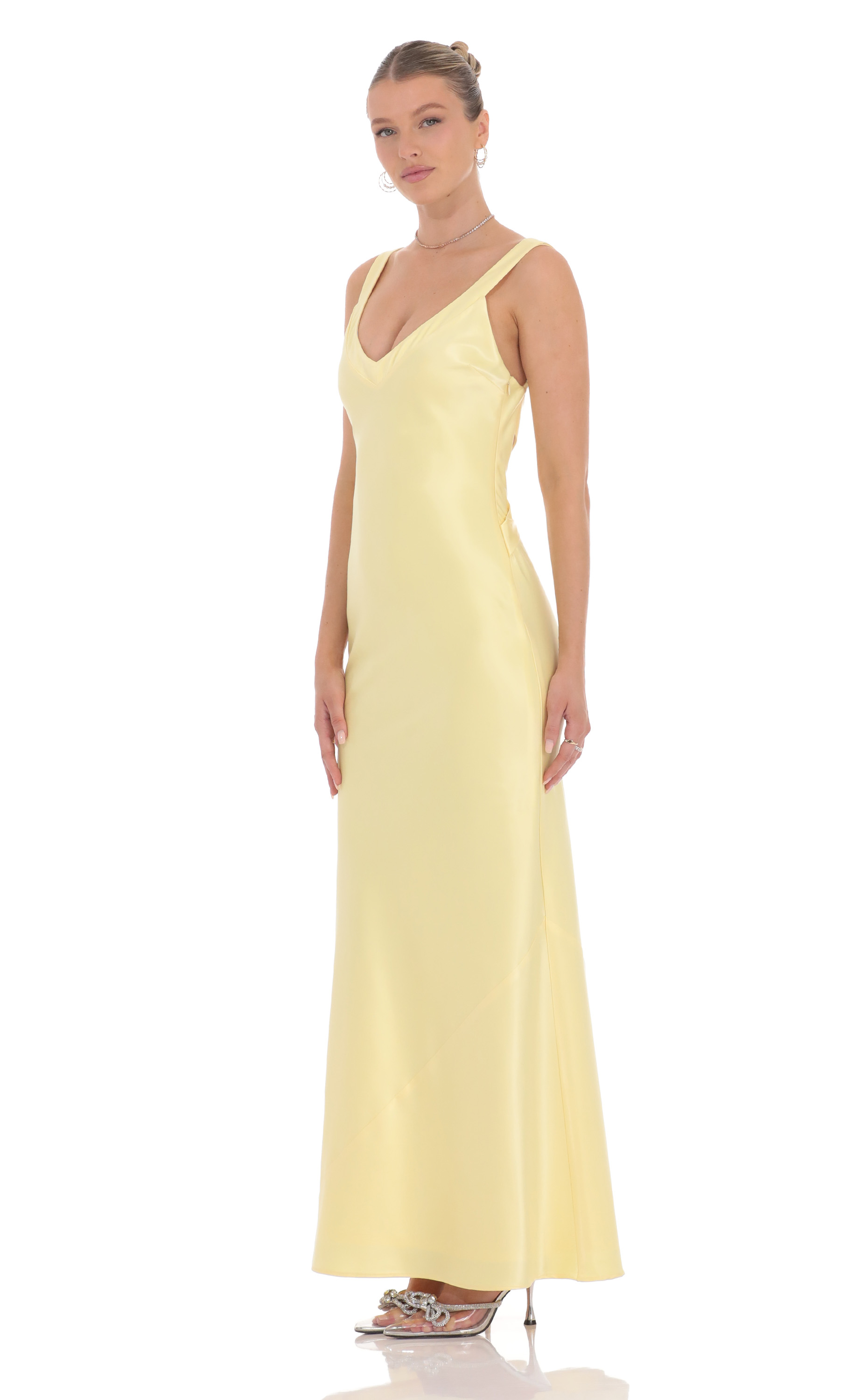Satin Open Back Maxi Dress in Yellow-My Sky Diva