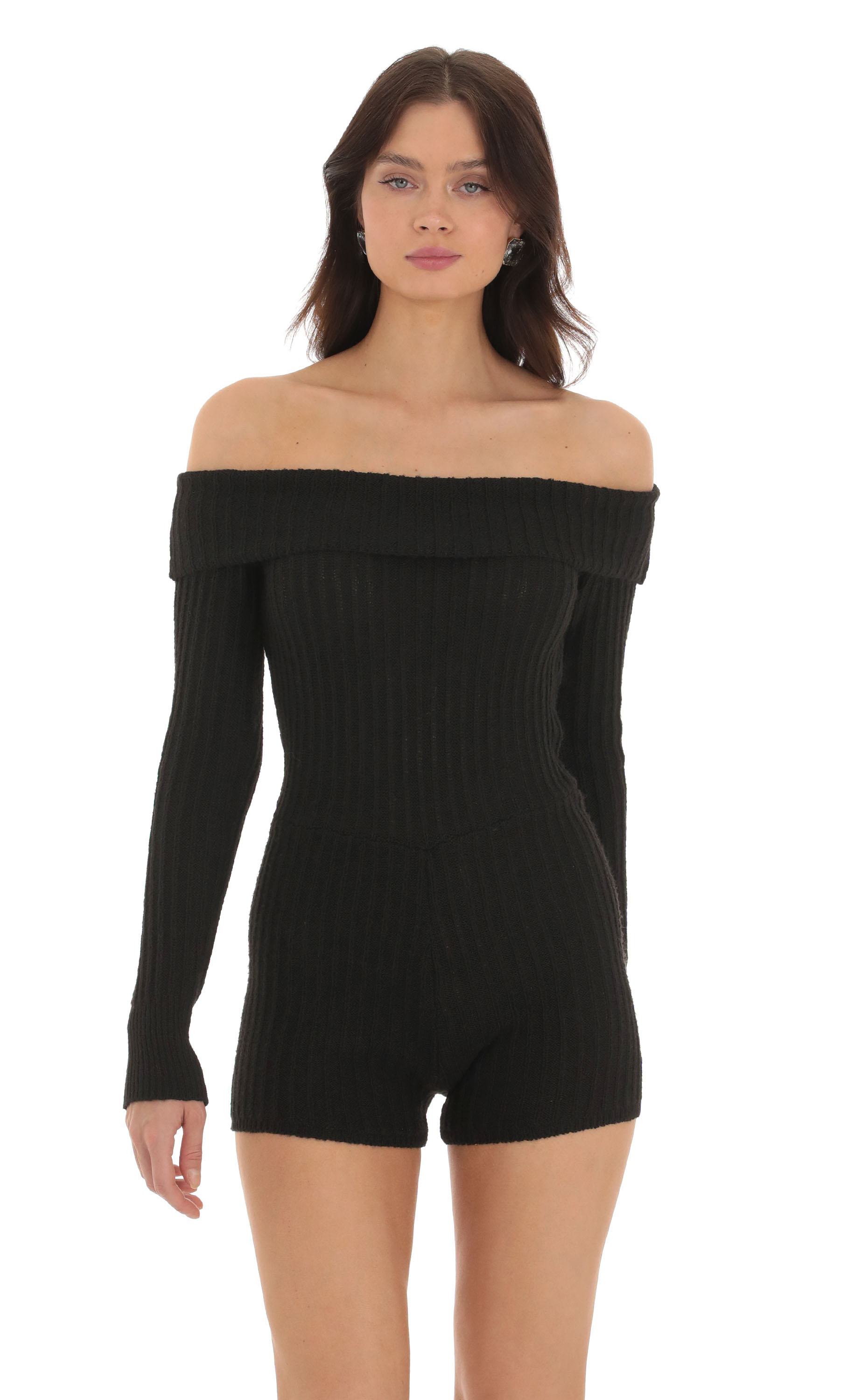 Off Shoulder Knit Romper in Black-My Sky Diva