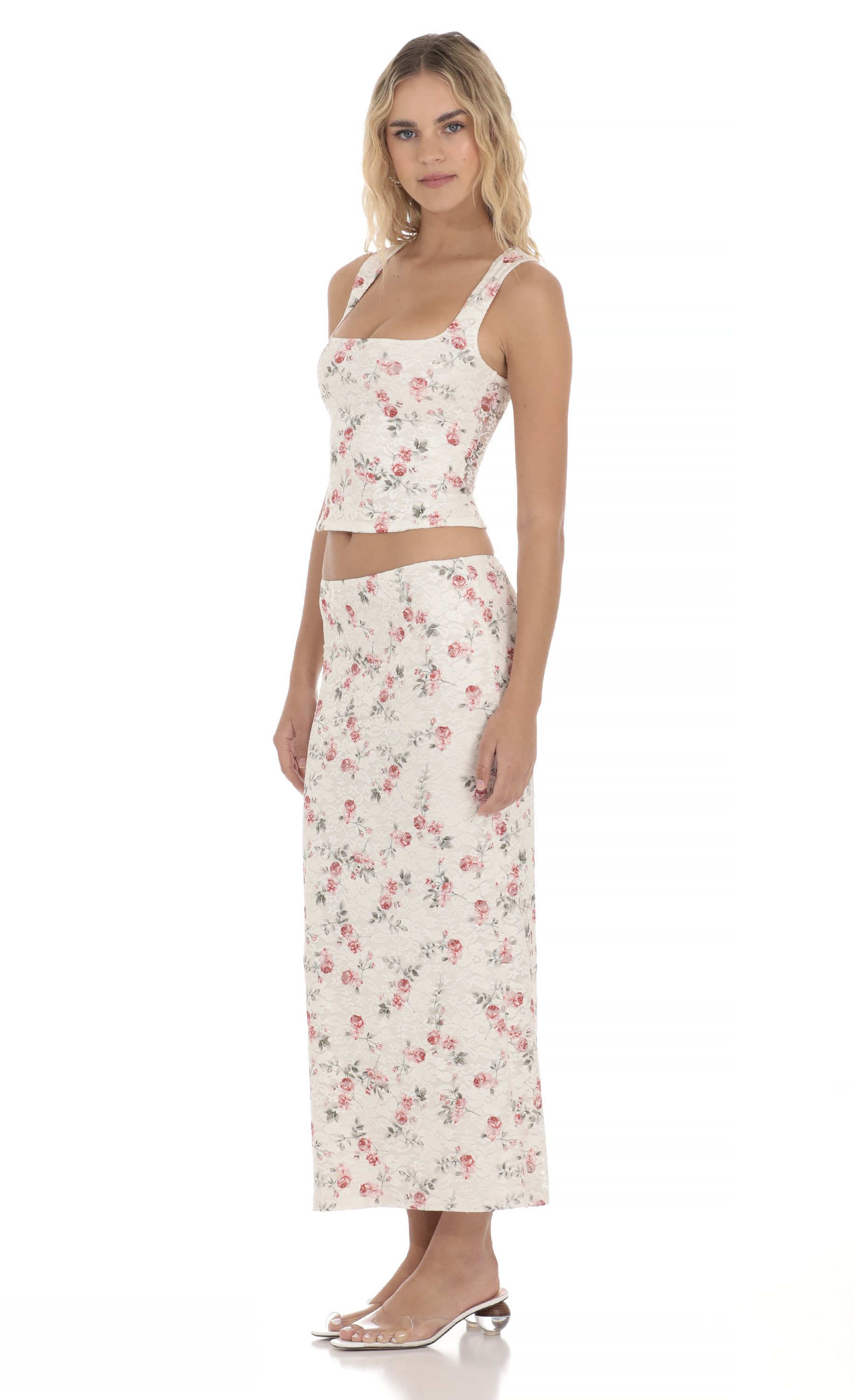 Lace Floral Two Piece Maxi Skirt Set in Cream-My Sky Diva