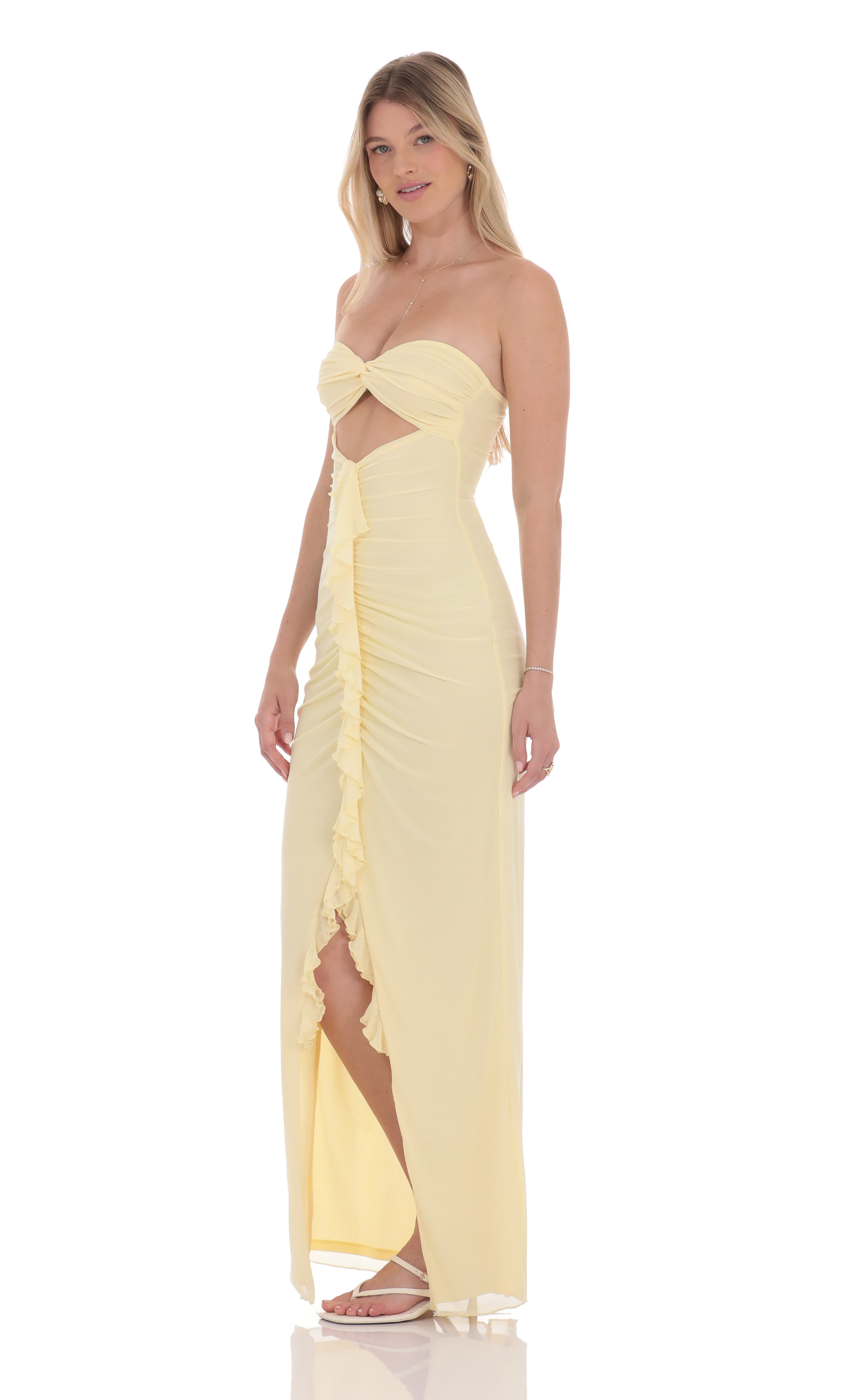 Mesh Cutout Ruffle Maxi Dress in Yellow-My Sky Diva