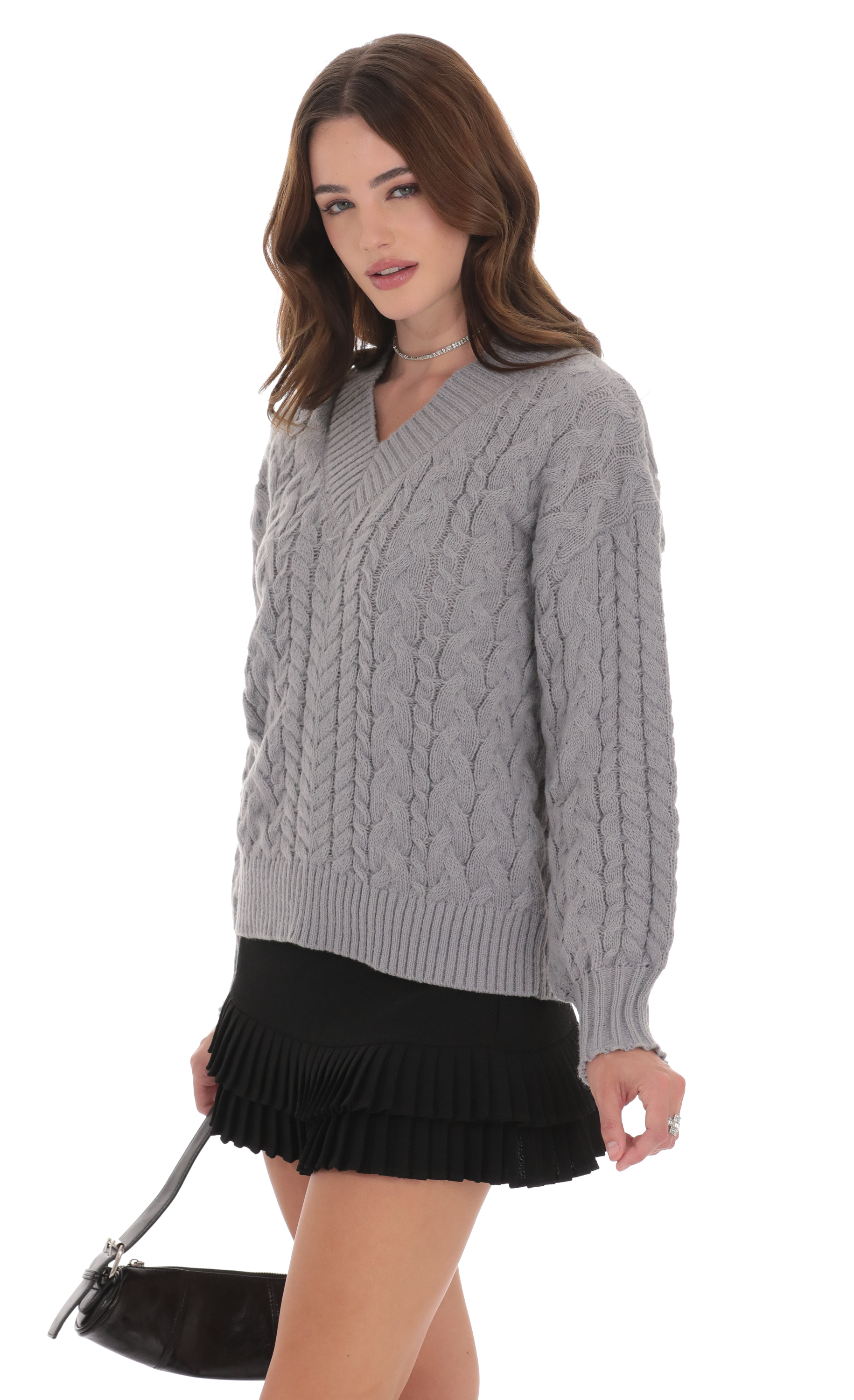 Cable Knit V-Neck Jumper in Grey-My Sky Diva