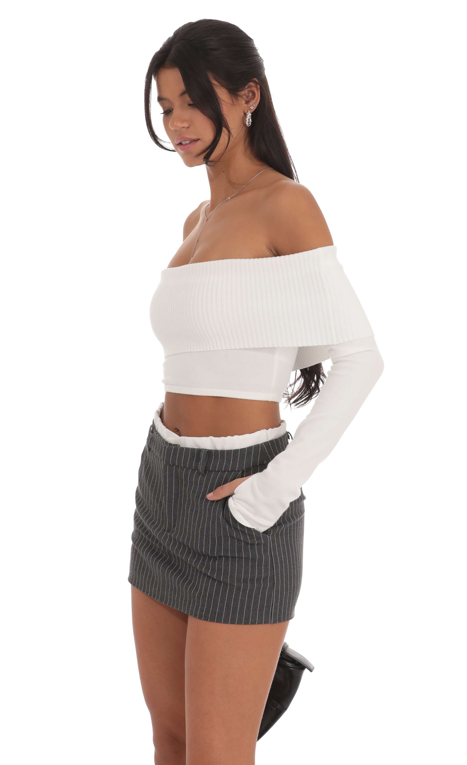 Faux Layered Pinstriped Skort in Grey-My Sky Diva