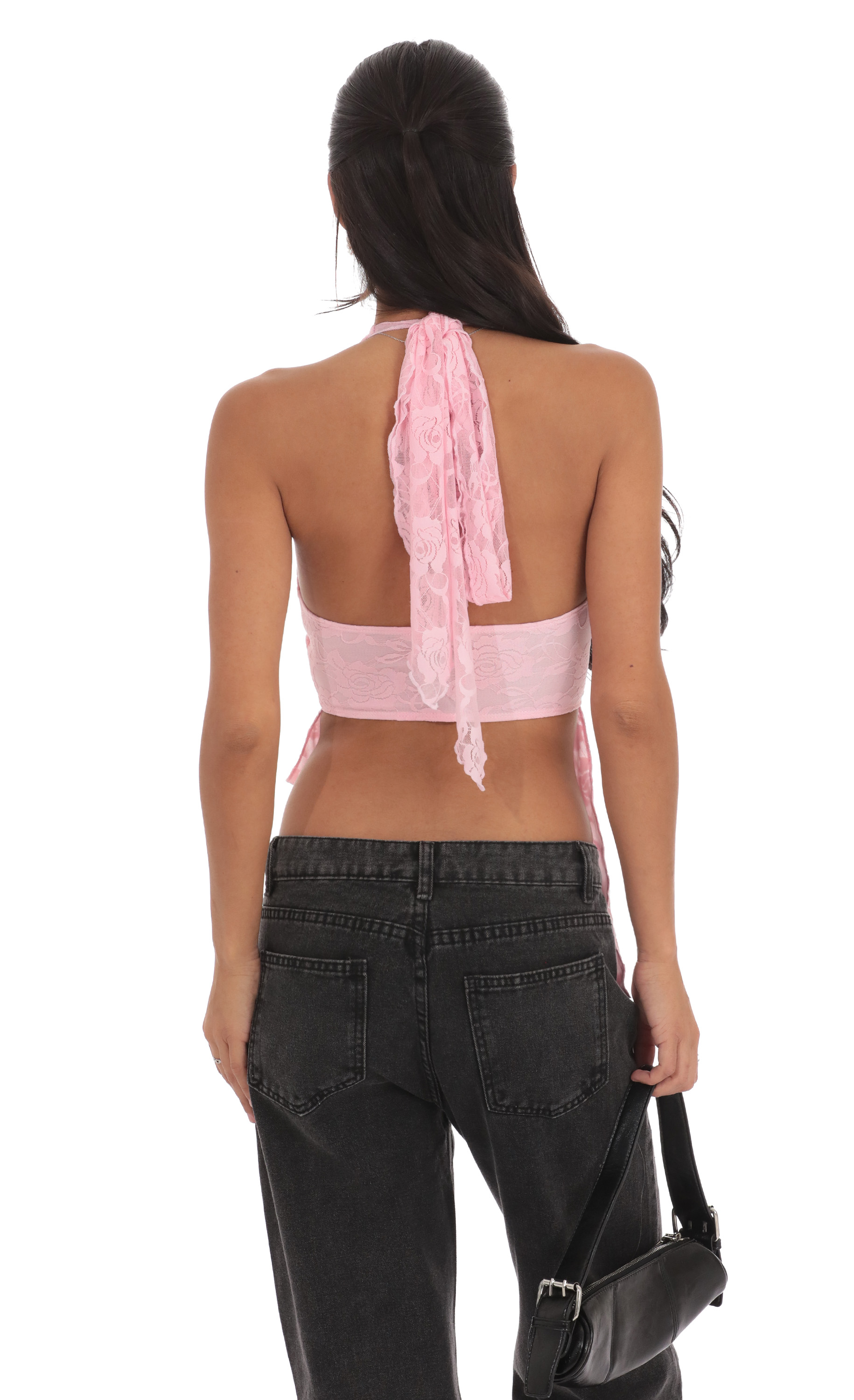 Lace Faux Wrap Halter Top in Pink-My Sky Diva