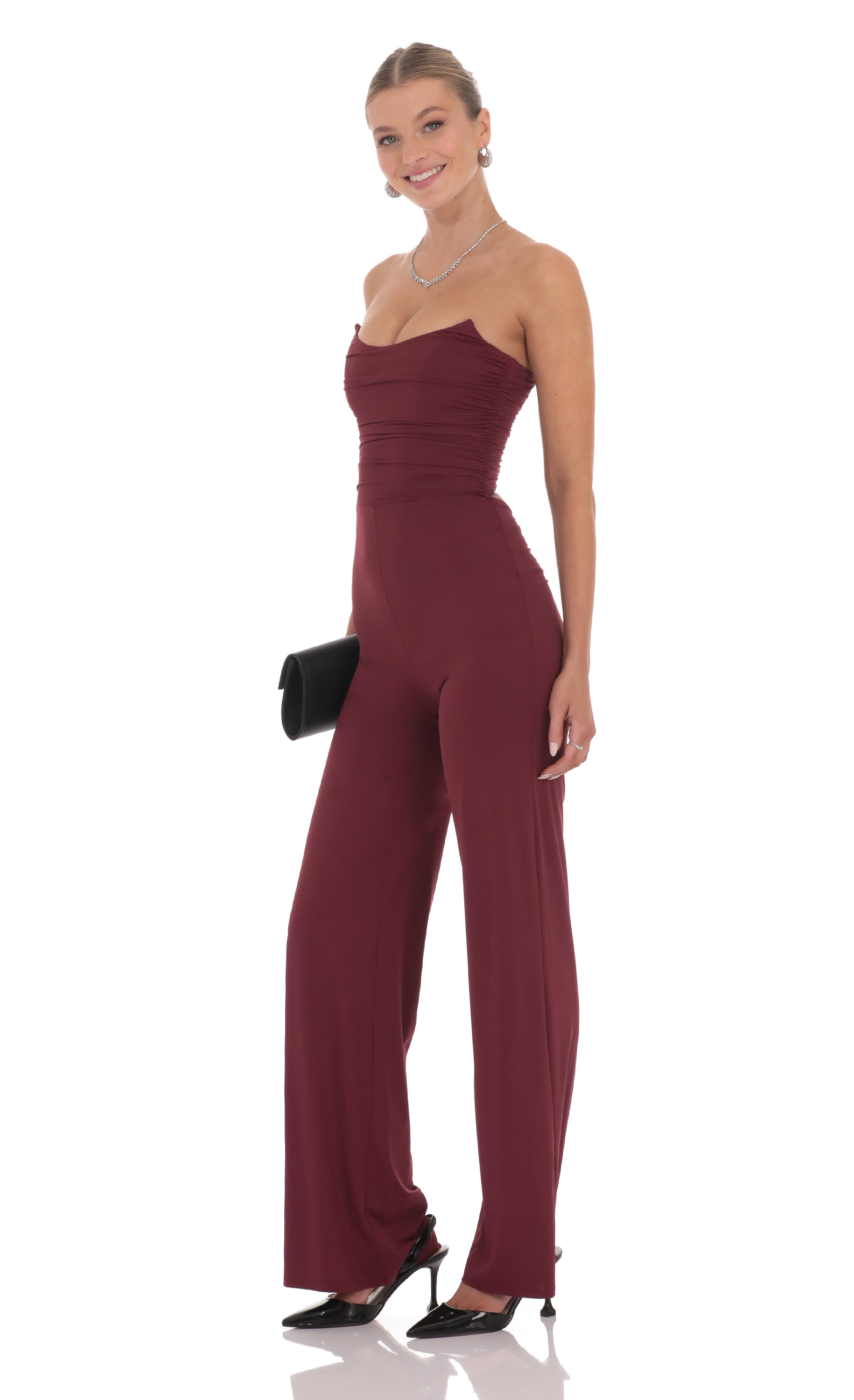 Strapless Pointed Corset Jumpsuit in Burgundy-My Sky Diva