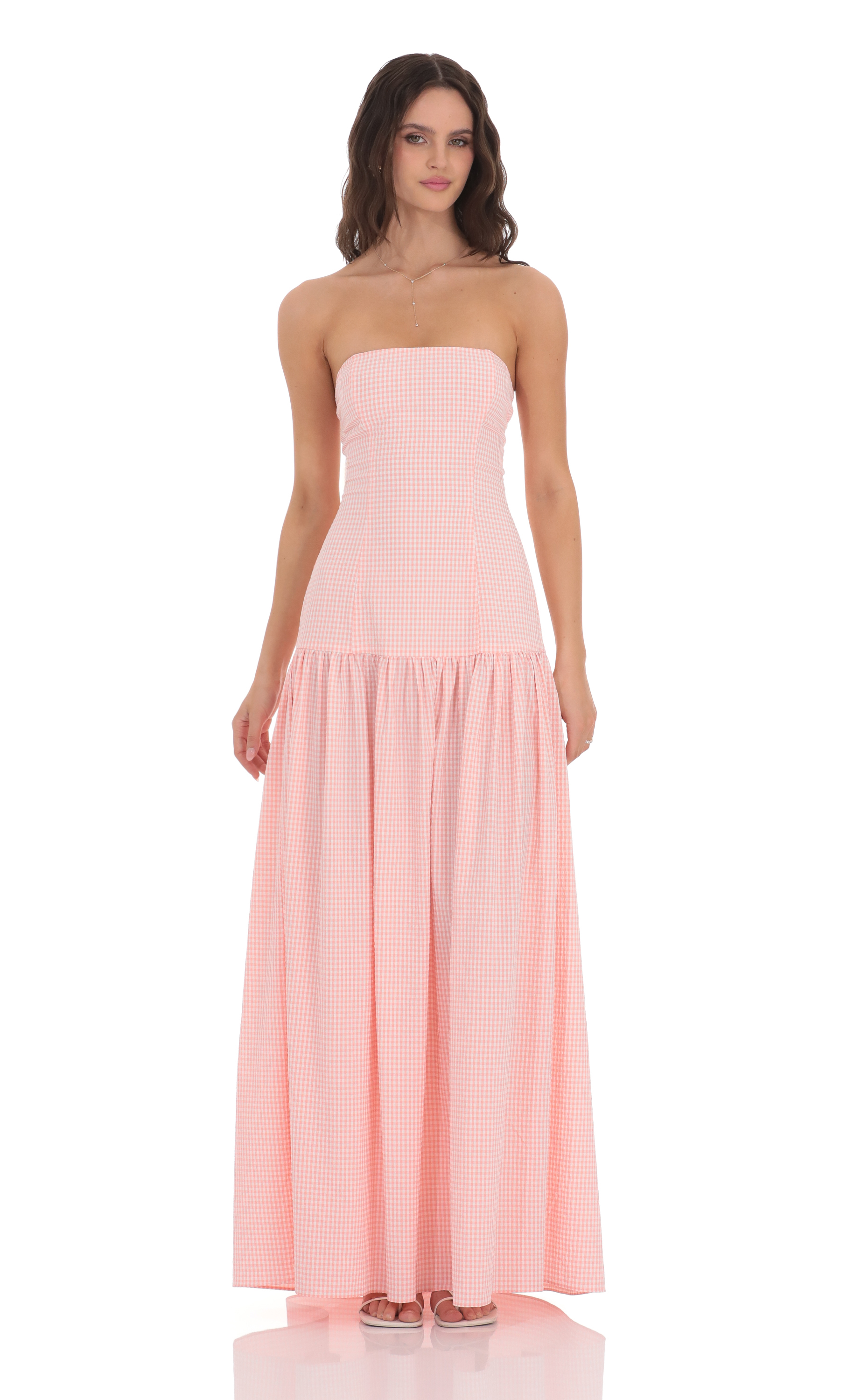 Gingham Strapless Drop Waist Maxi Dress in Pink-My Sky Diva