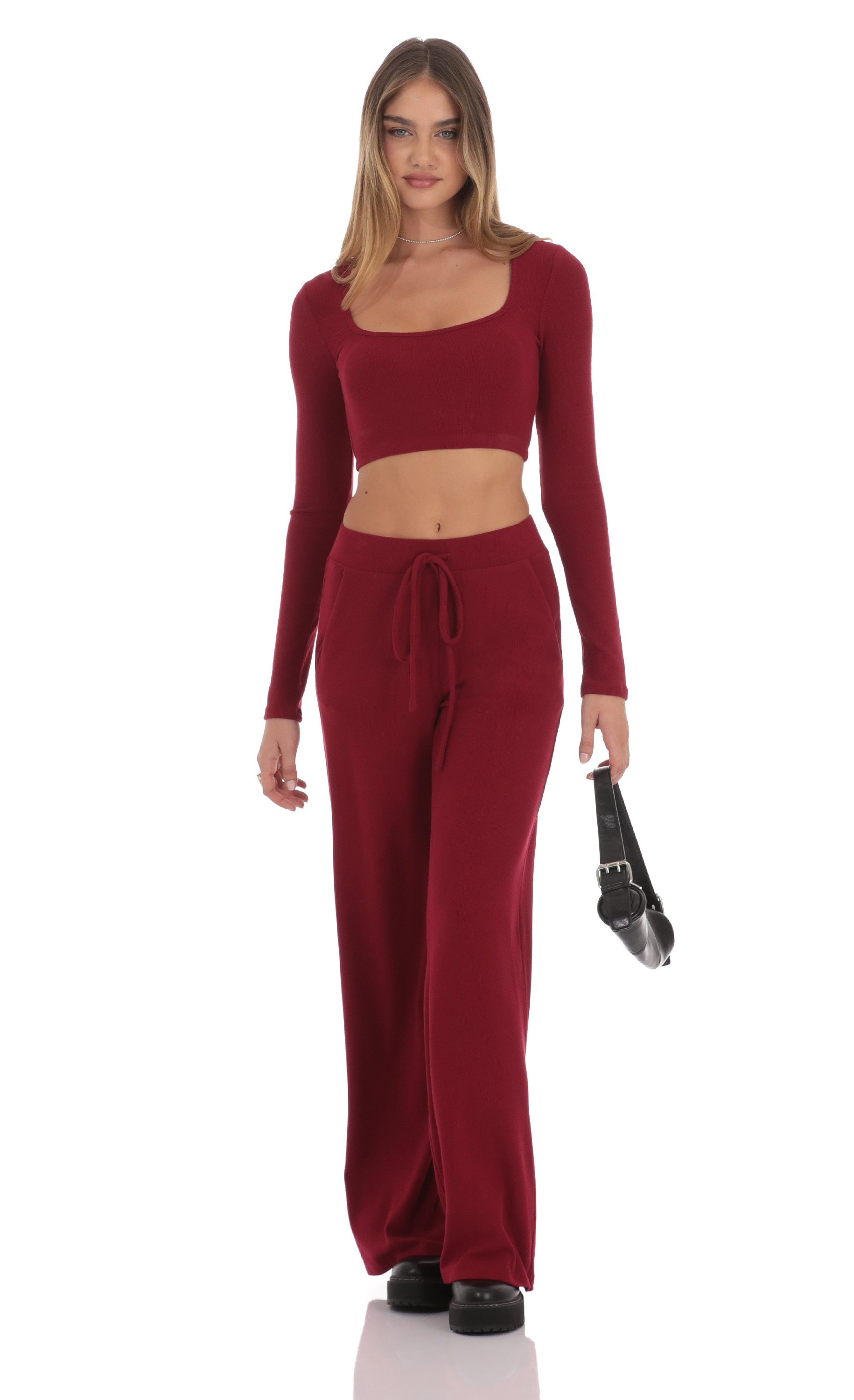 Cropped Ribbed Top in Maroon-My Sky Diva