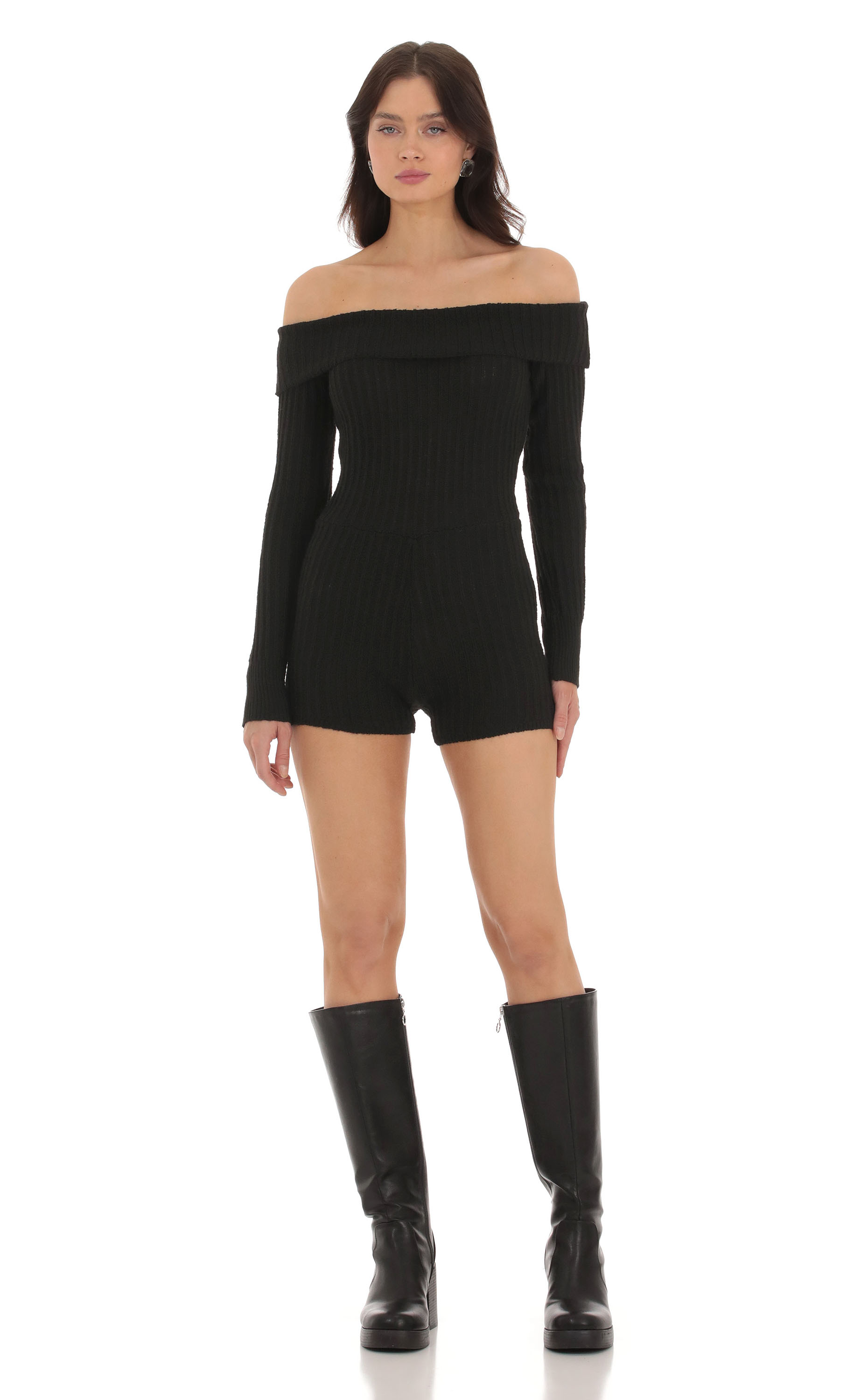 Off Shoulder Knit Romper in Black-My Sky Diva