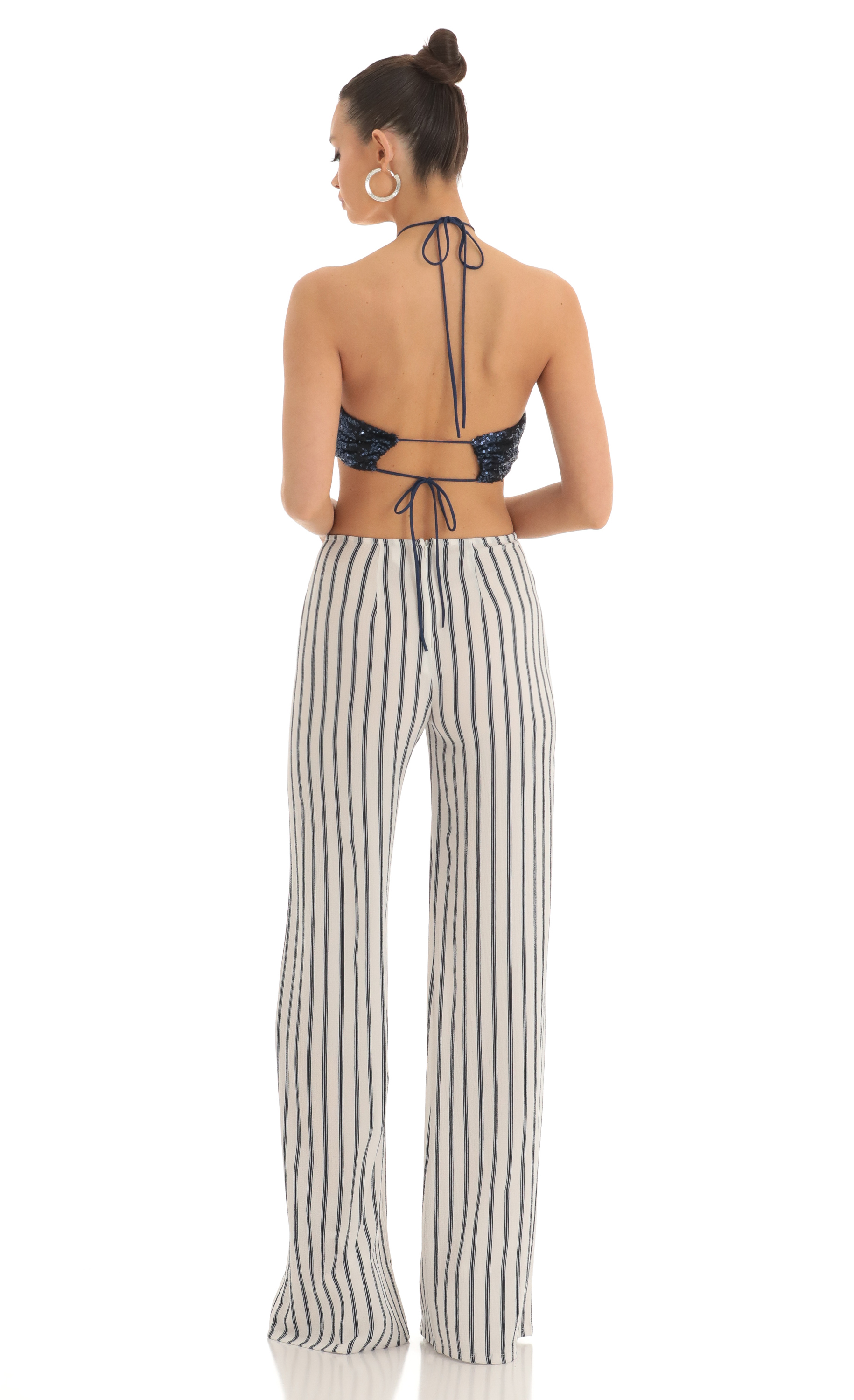 Sequin Halter Striped Jumpsuit in White and Navy-My Sky Diva