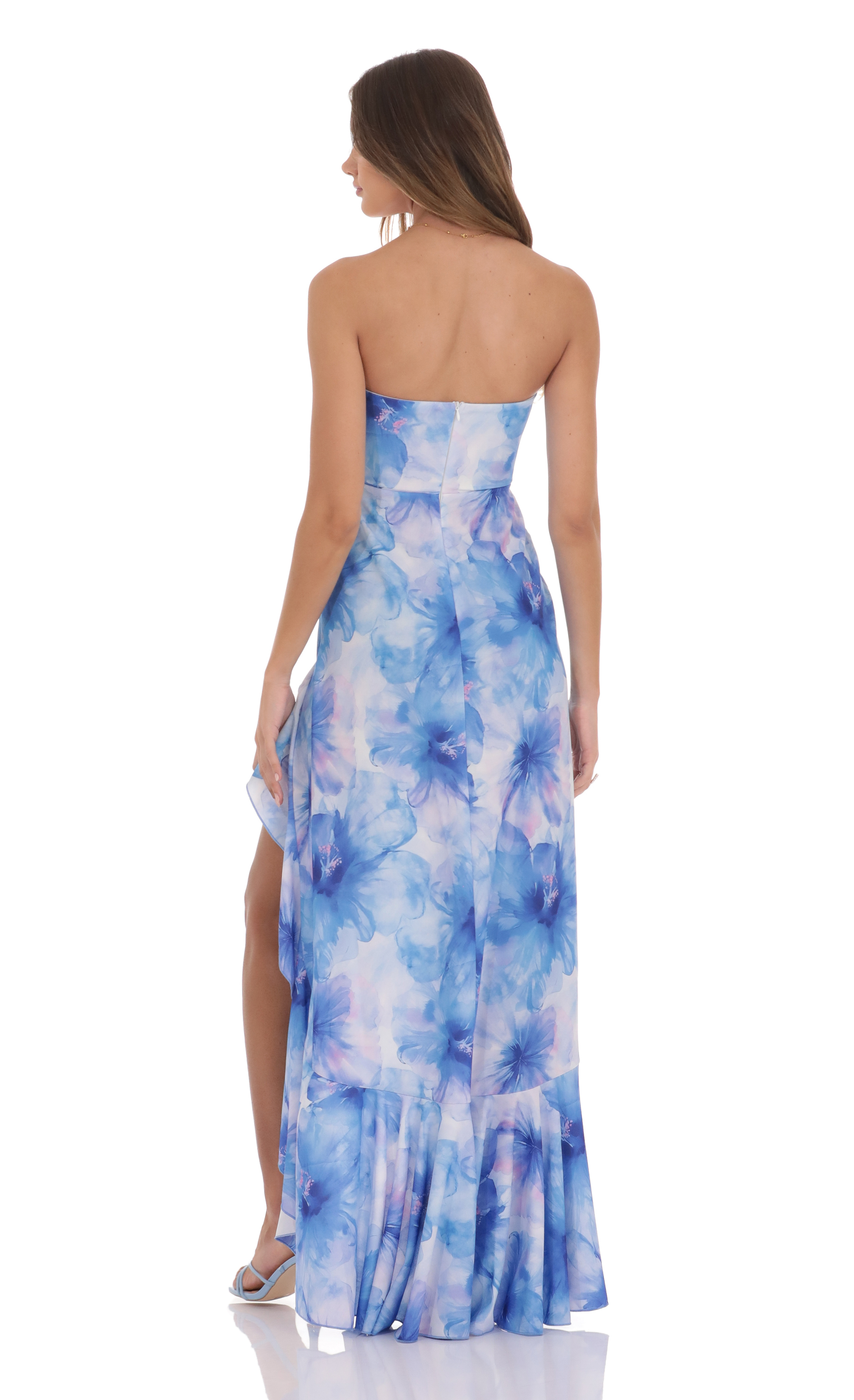Floral Ruffle Slit Strapless Corset Maxi Dress in Blue-My Sky Diva