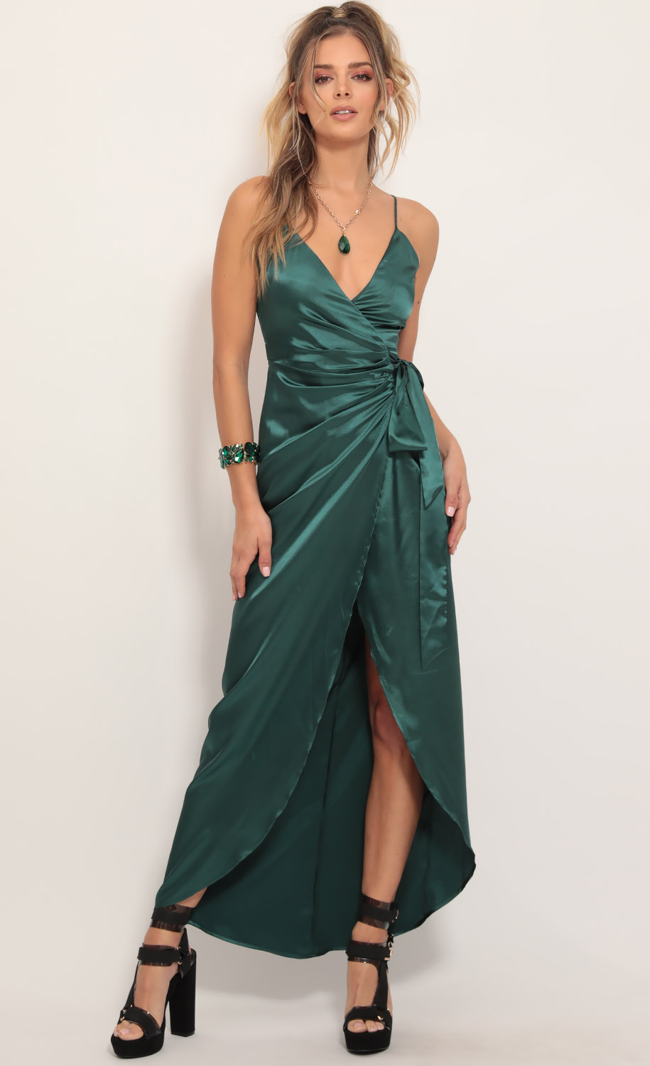 Pleated Satin Maxi Dress in Hunter Green-My Sky Diva