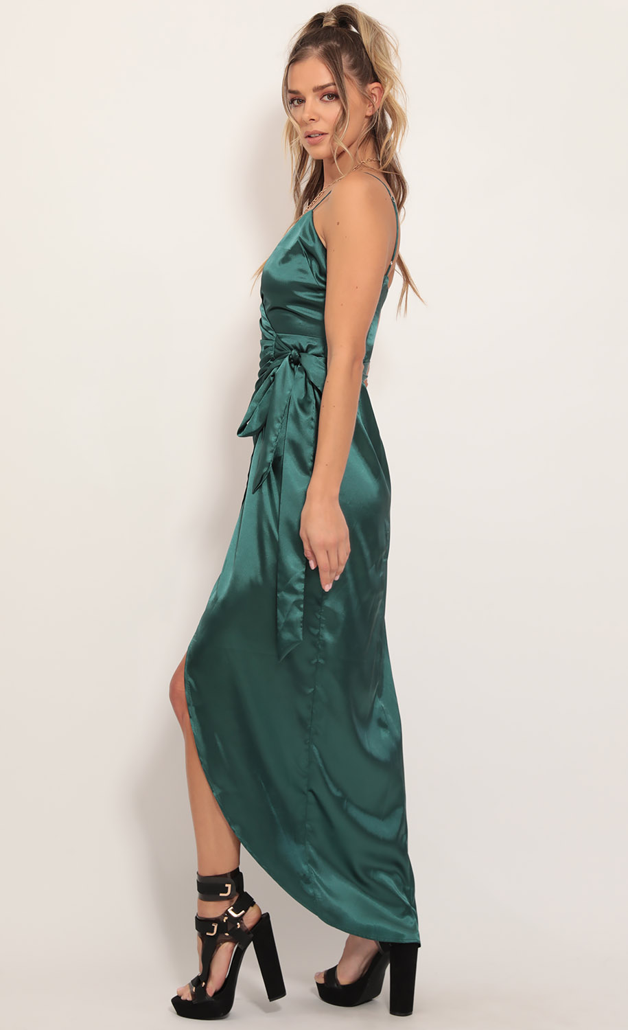 Pleated Satin Maxi Dress in Hunter Green-My Sky Diva
