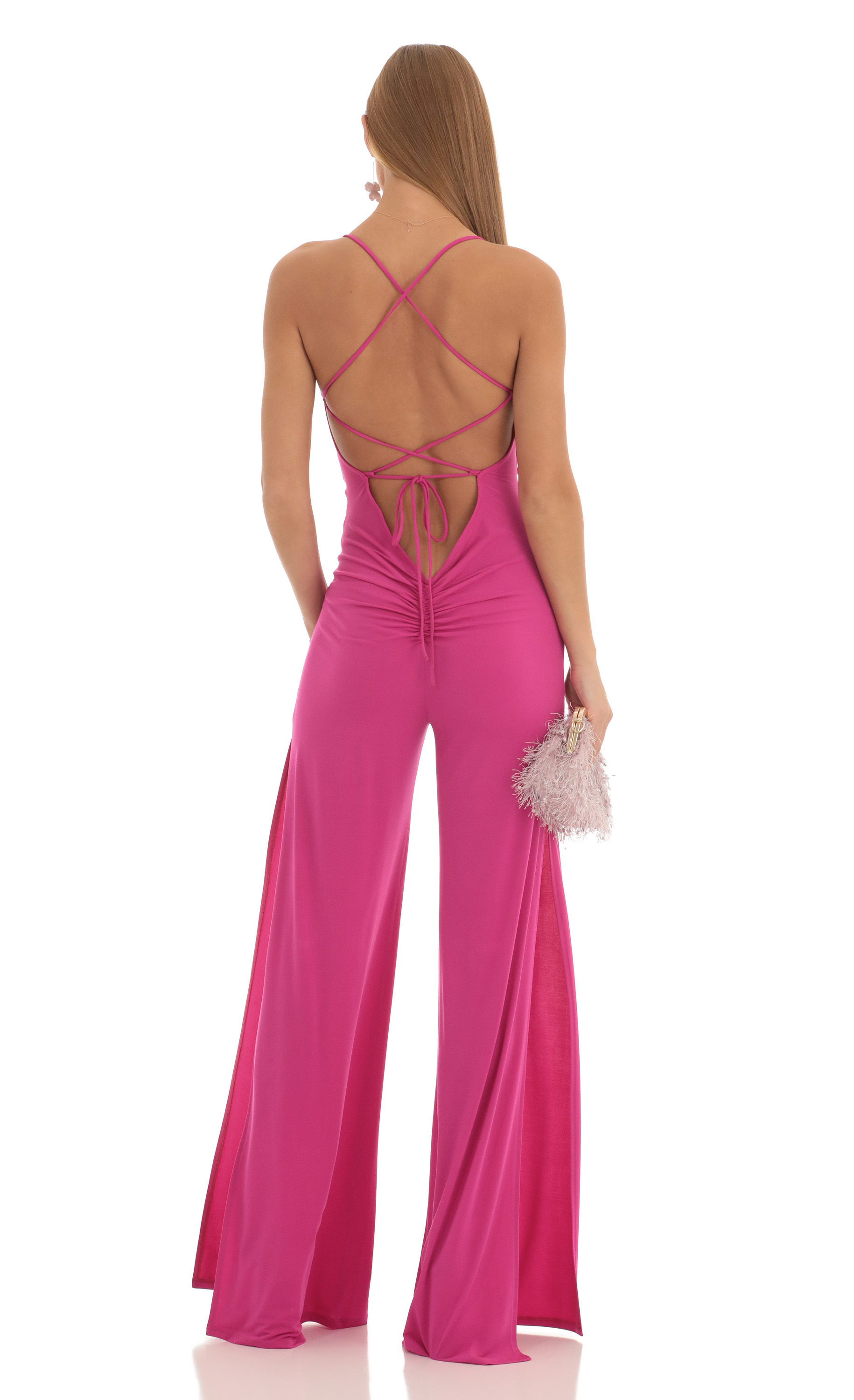Ruched Sweetheart Bust Slit Jumpsuit in Fuchsia-My Sky Diva