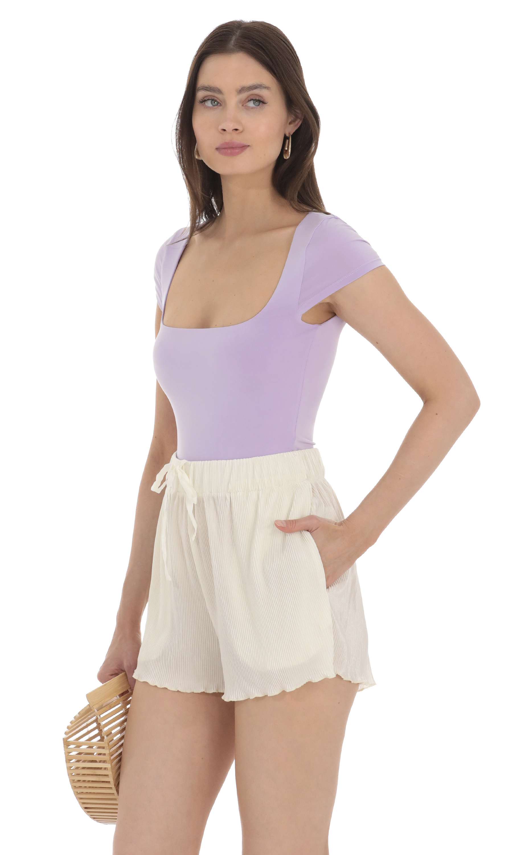 Pleated Lettuce Cut Shorts in Cream-My Sky Diva