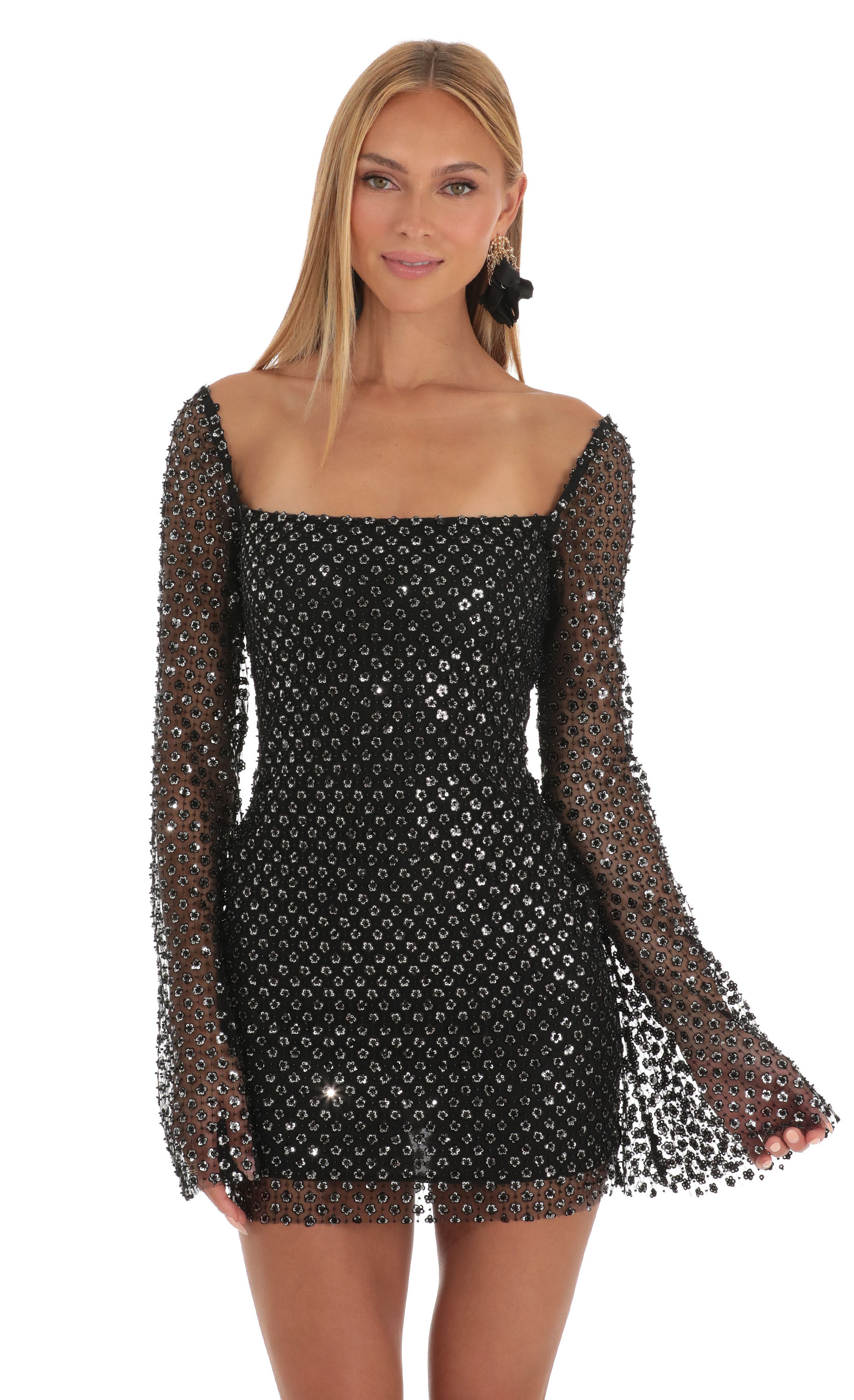 Sequin Floral Bell Sleeve Dress in Black-My Sky Diva