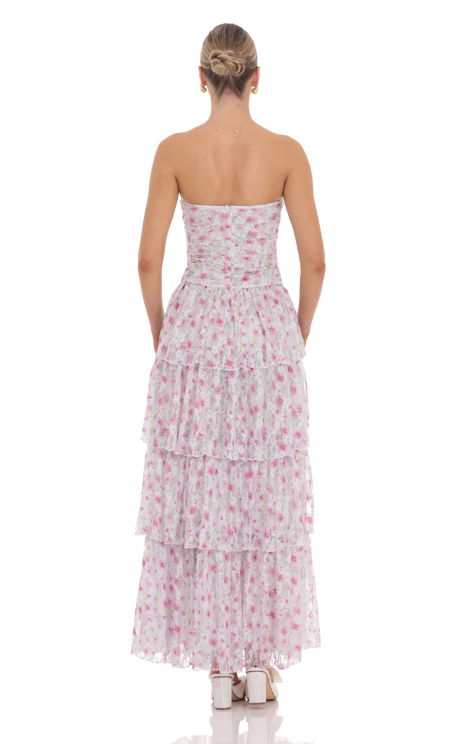 Floral Lace Ruched Ruffle Maxi Dress in White-My Sky Diva