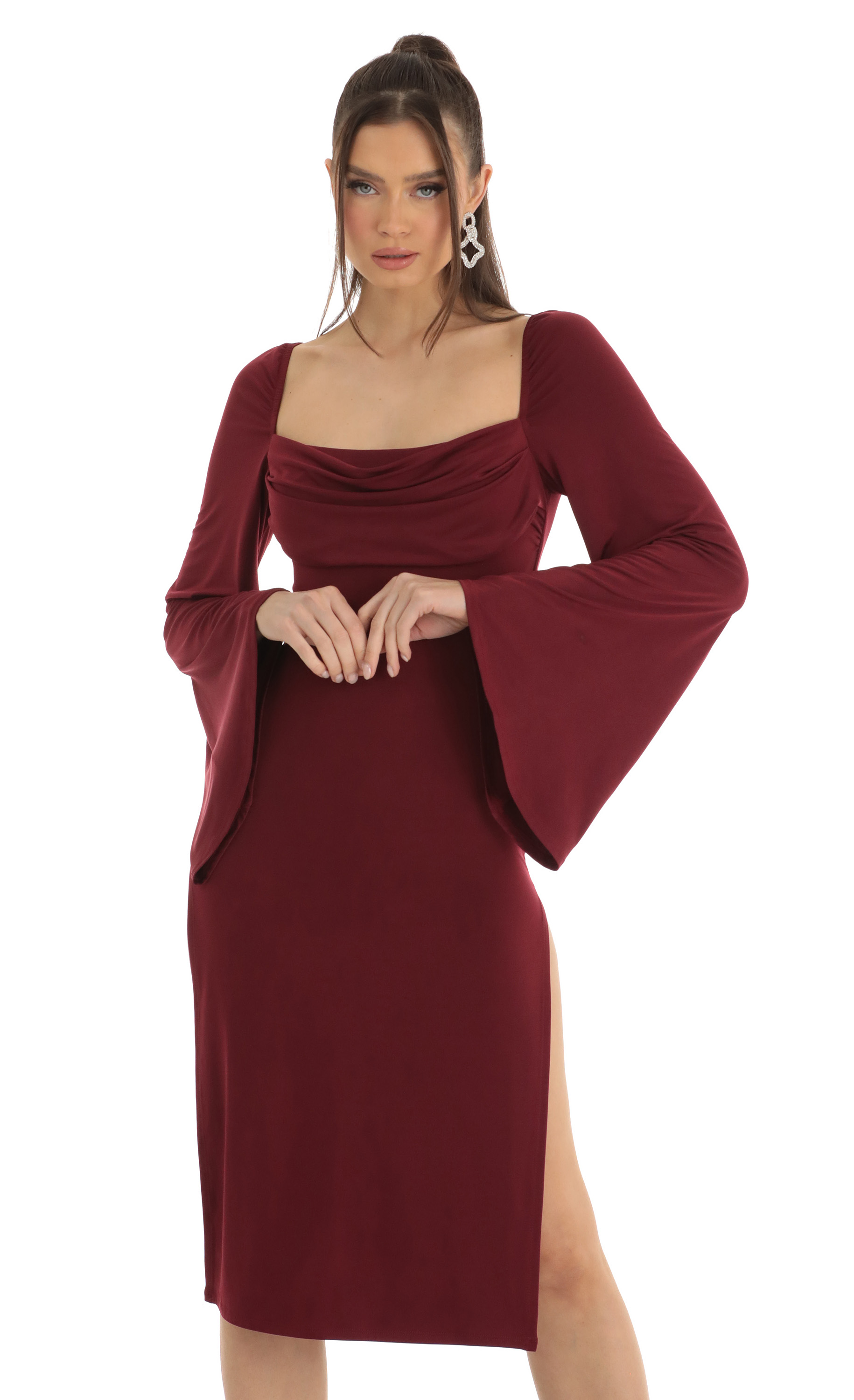 Flare Sleeve Midi Dress in Red-My Sky Diva