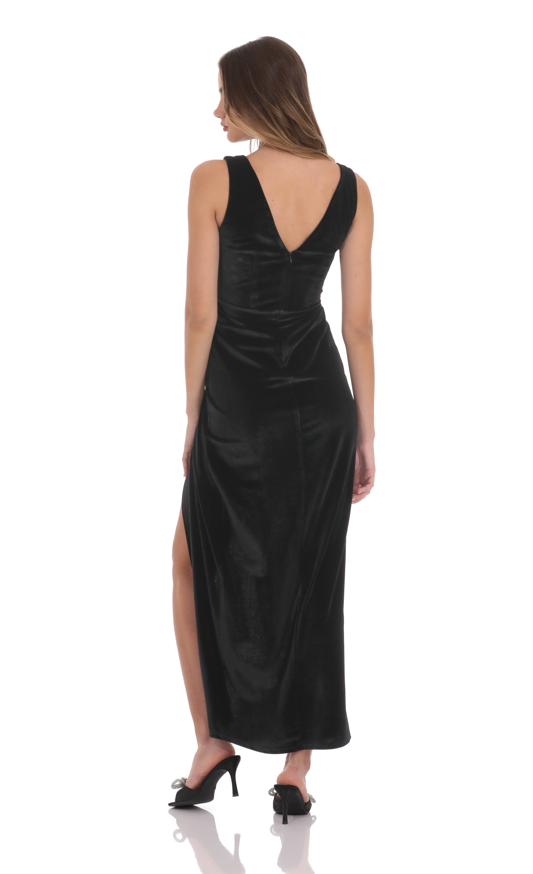 Velvet V-Neck Slit Maxi Dress in Black-My Sky Diva