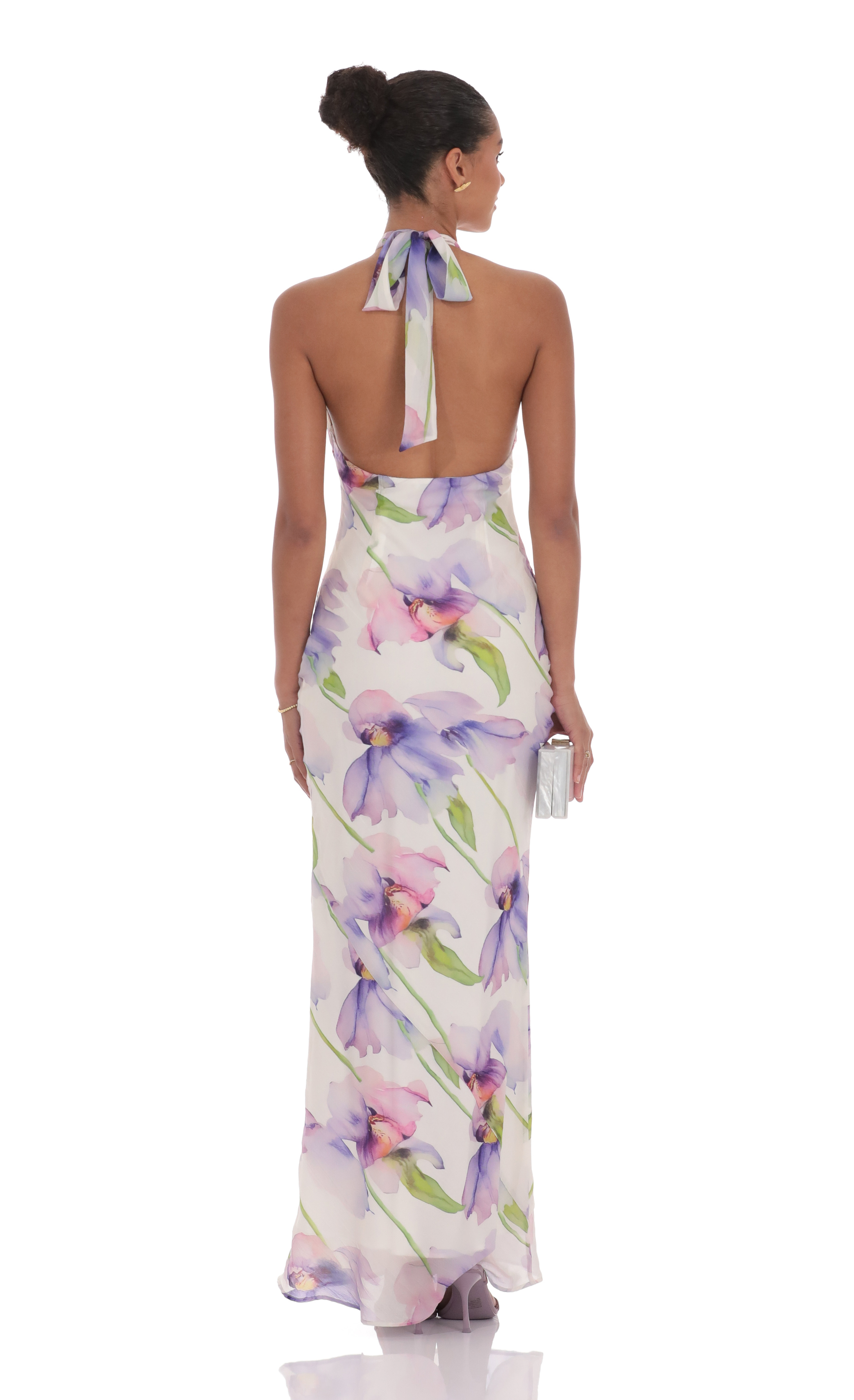 Floral Mock Neck Maxi Dress in White-My Sky Diva