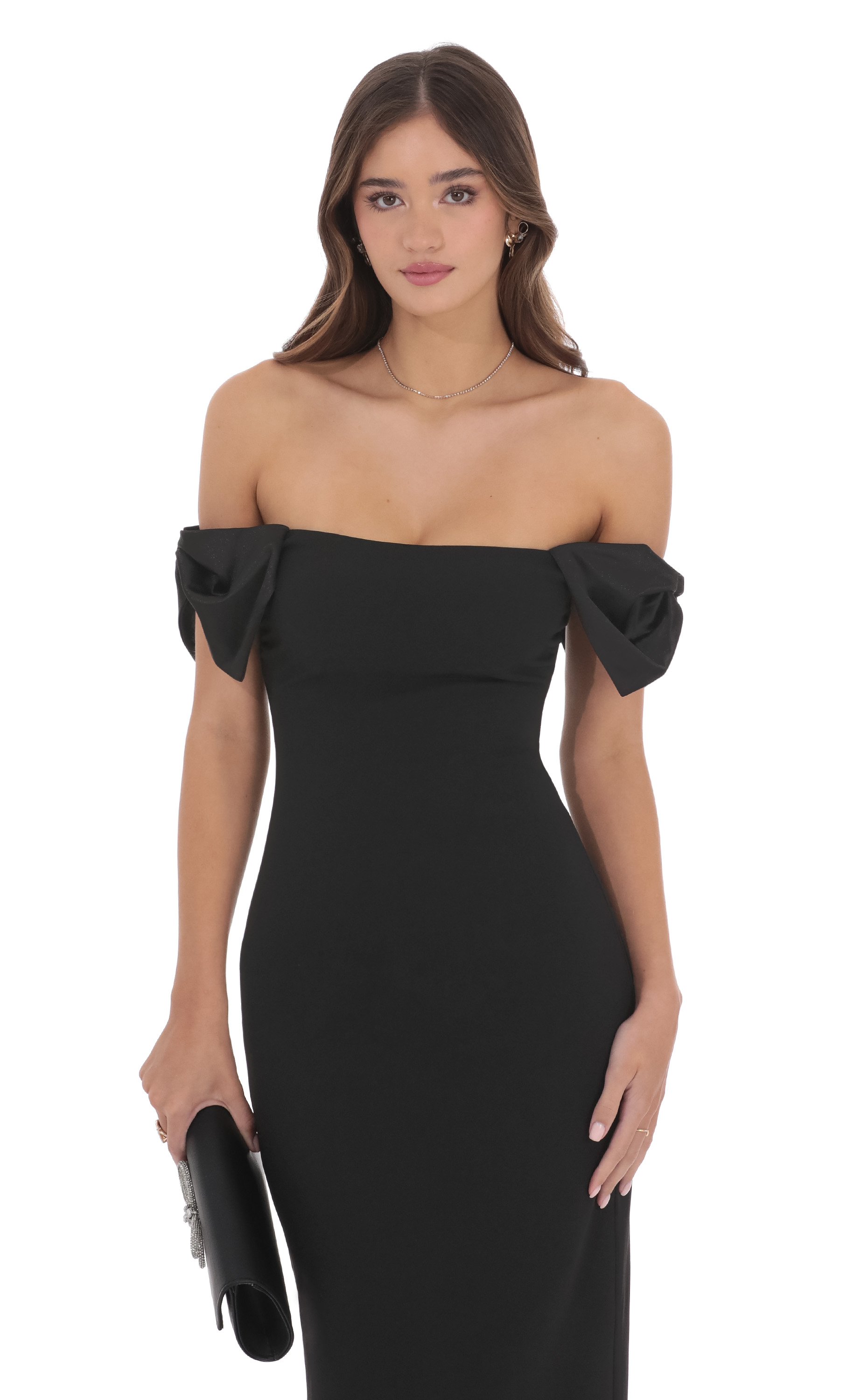 Off Shoulder Bow Sleeve Maxi Dress in Black-My Sky Diva