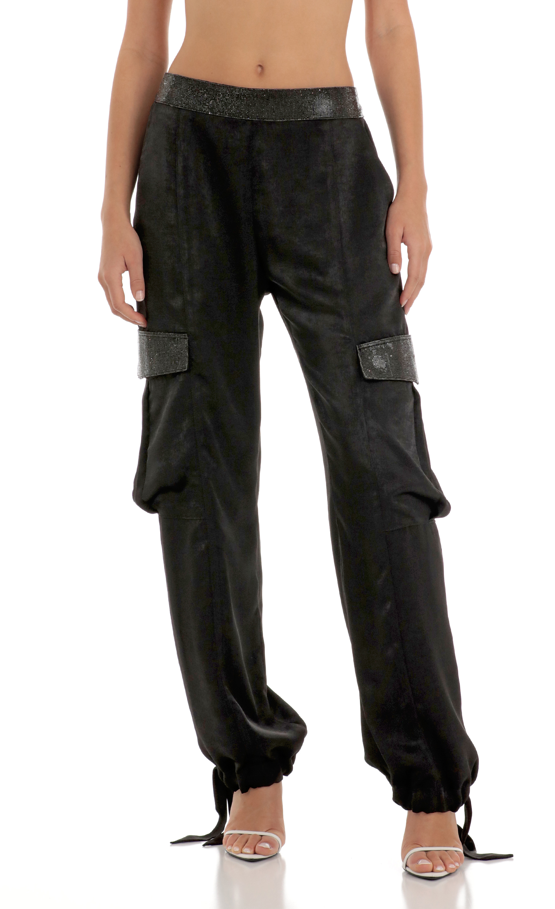 Rhinestone Satin Pants in Black-My Sky Diva