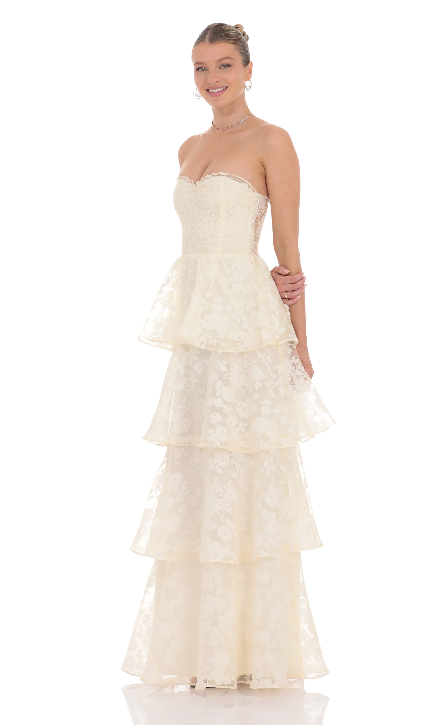 Floral Smocked Ruffle Maxi Dress in Cream-My Sky Diva