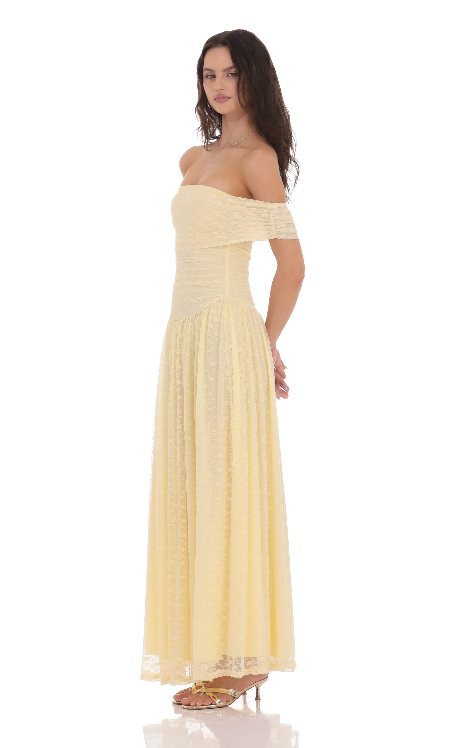 Lace Off Shoulder Maxi Dress in Yellow-My Sky Diva