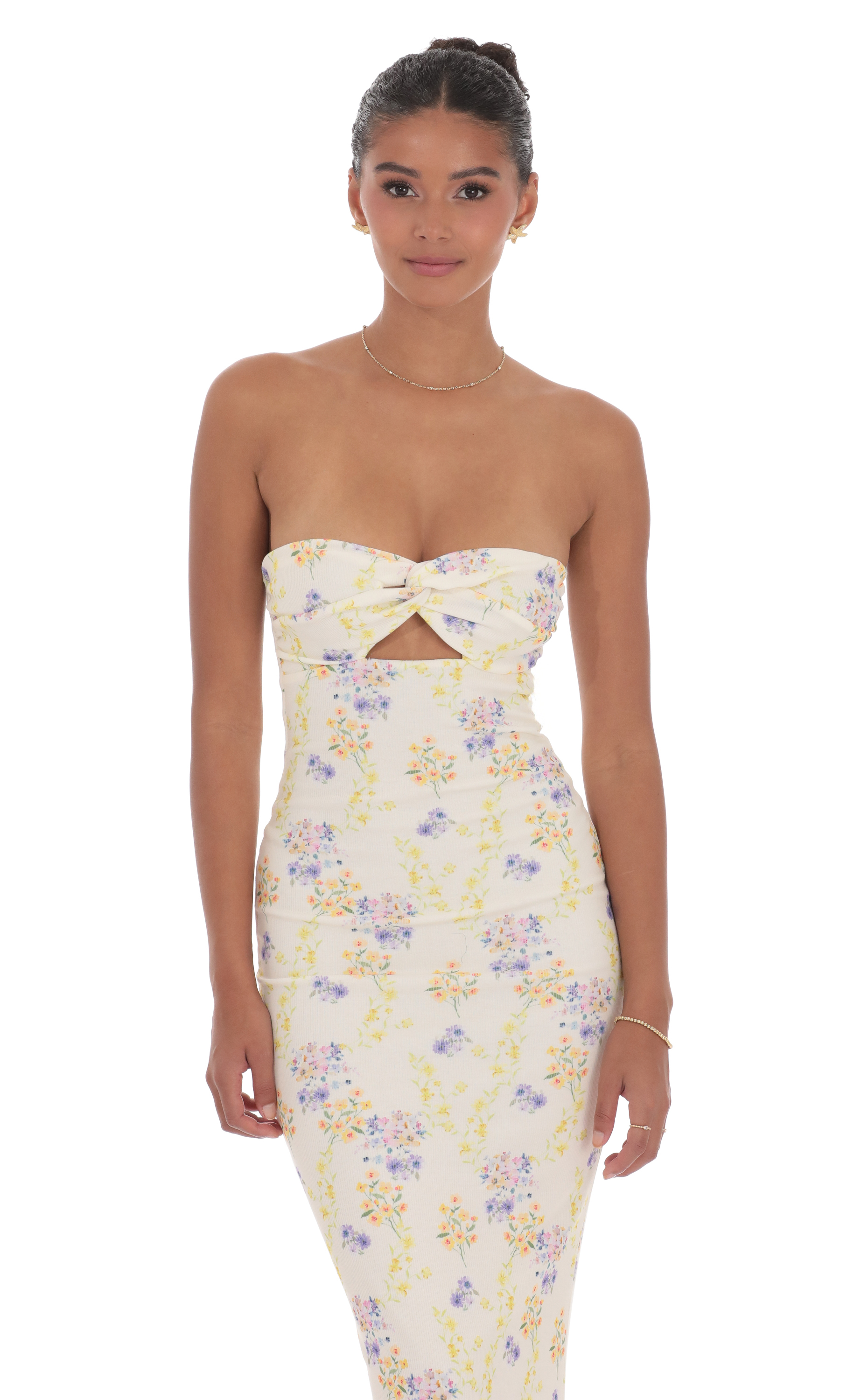 Floral Ribbed Cutout Twist Maxi Dress in Yellow-My Sky Diva