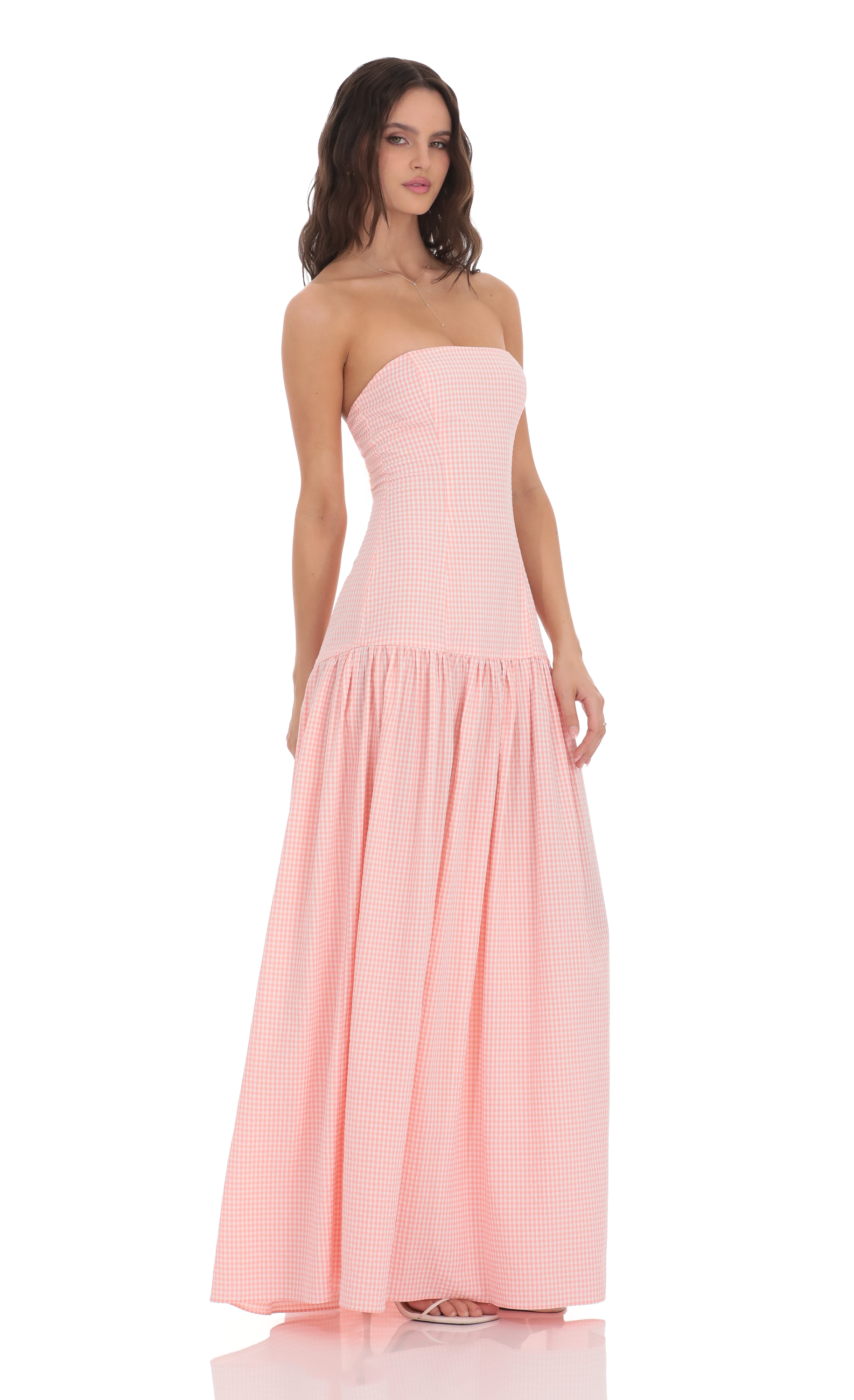 Gingham Strapless Drop Waist Maxi Dress in Pink-My Sky Diva