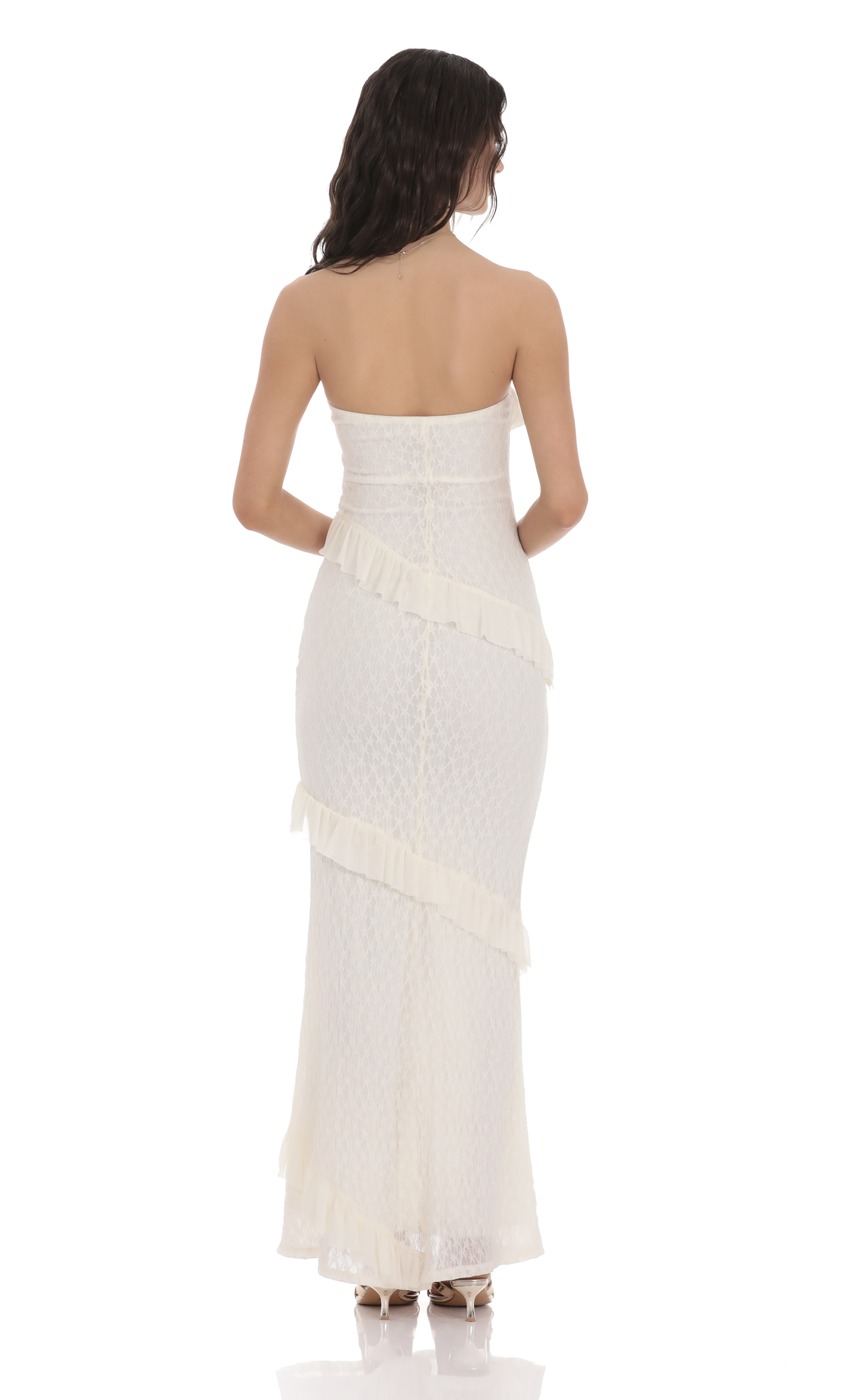 Strapless Lace Ruffle Maxi Dress in Ivory-My Sky Diva