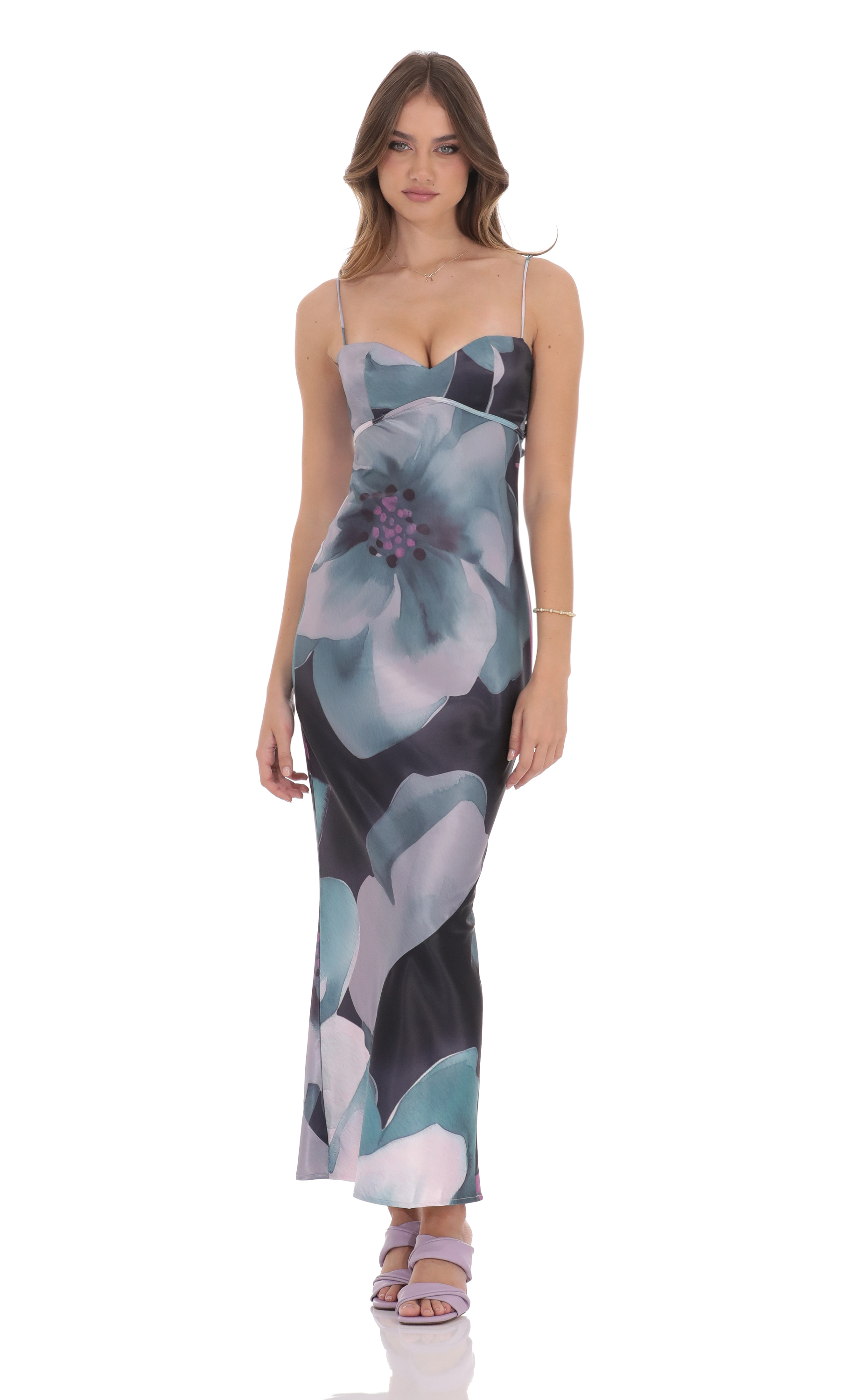 Floral Back Tie Maxi Dress in Dark Teal-My Sky Diva