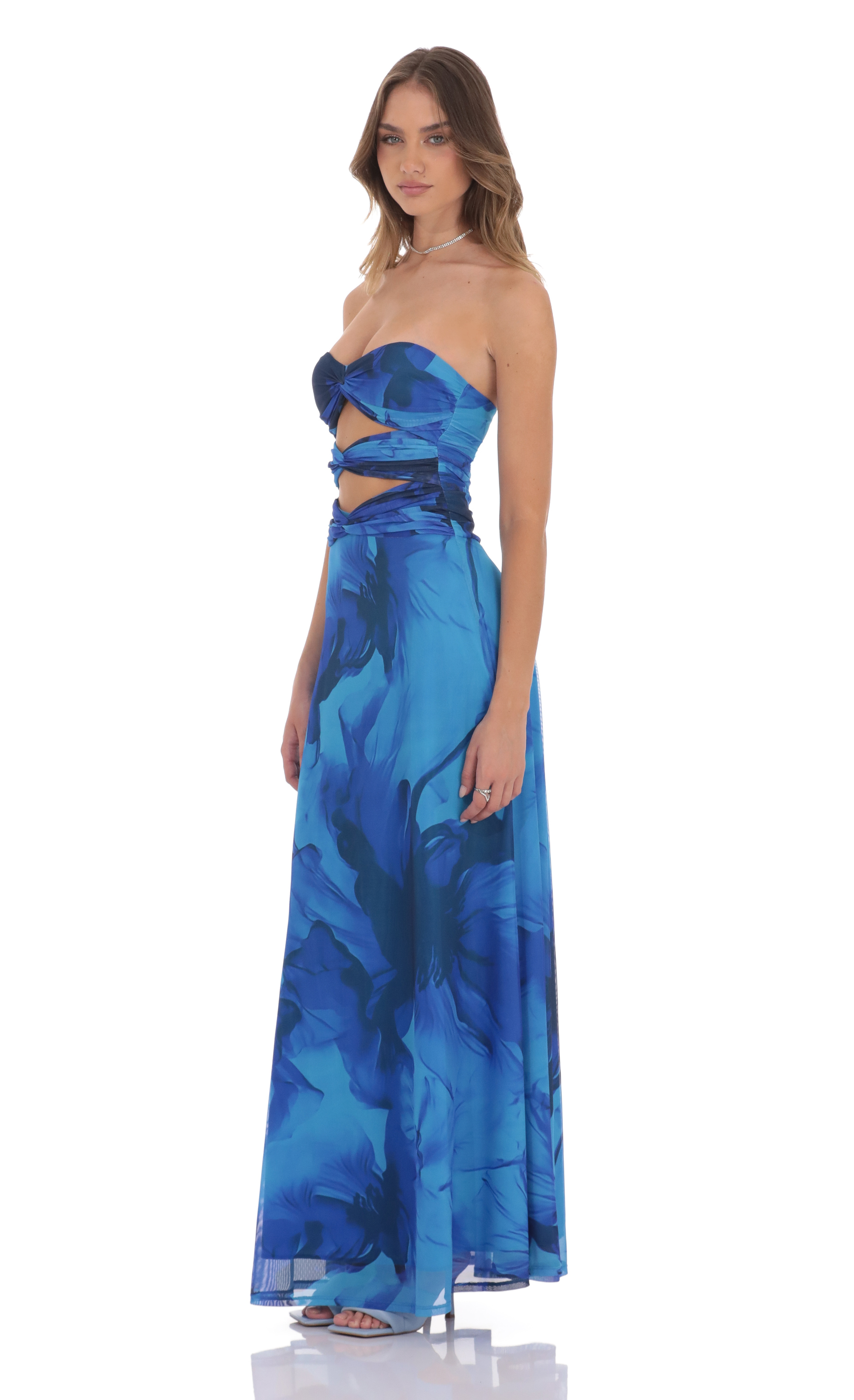 Mesh Floral Cutout Maxi Dress in Blue-My Sky Diva