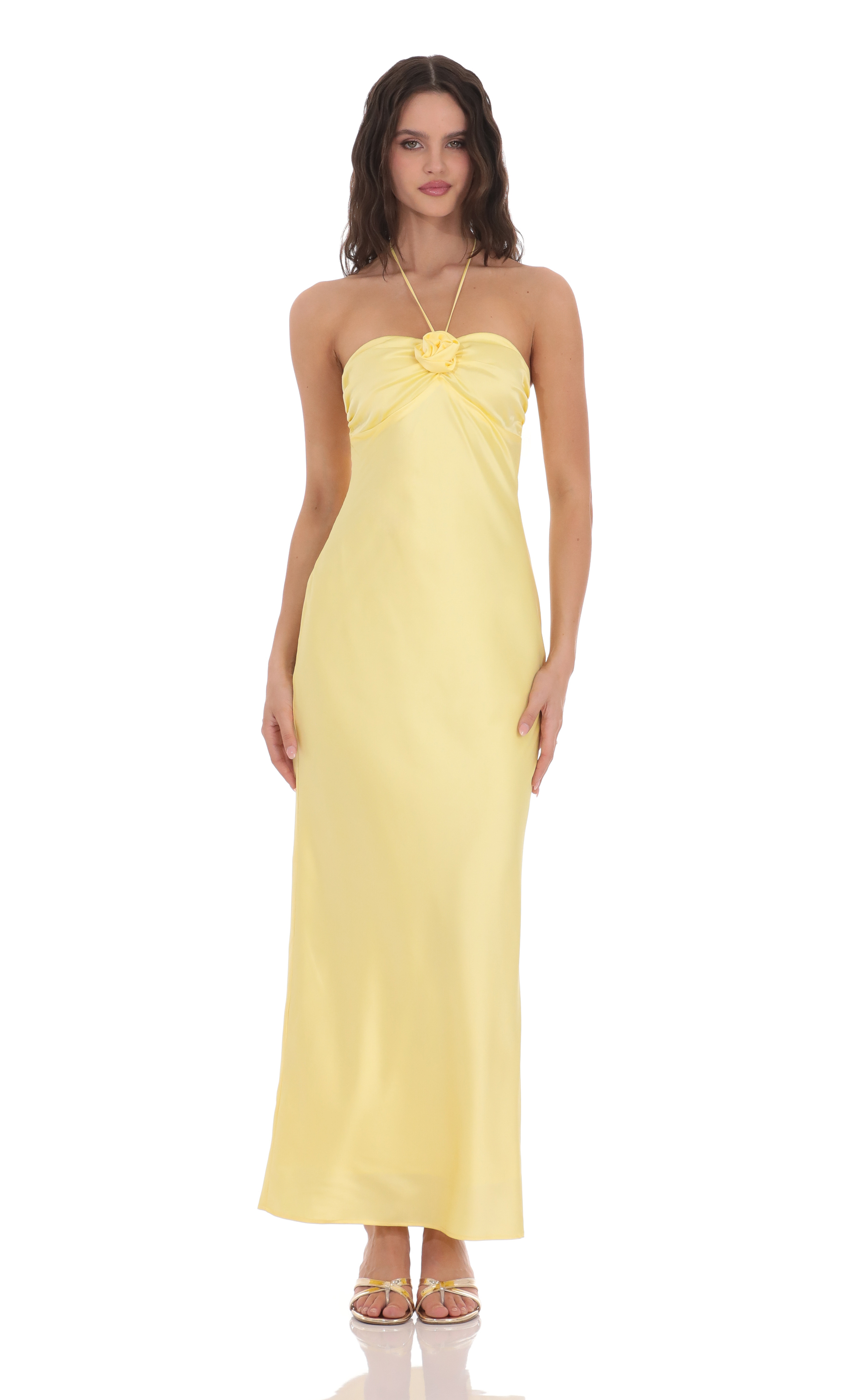 Satin Halter Flower Maxi Dress in Yellow-My Sky Diva